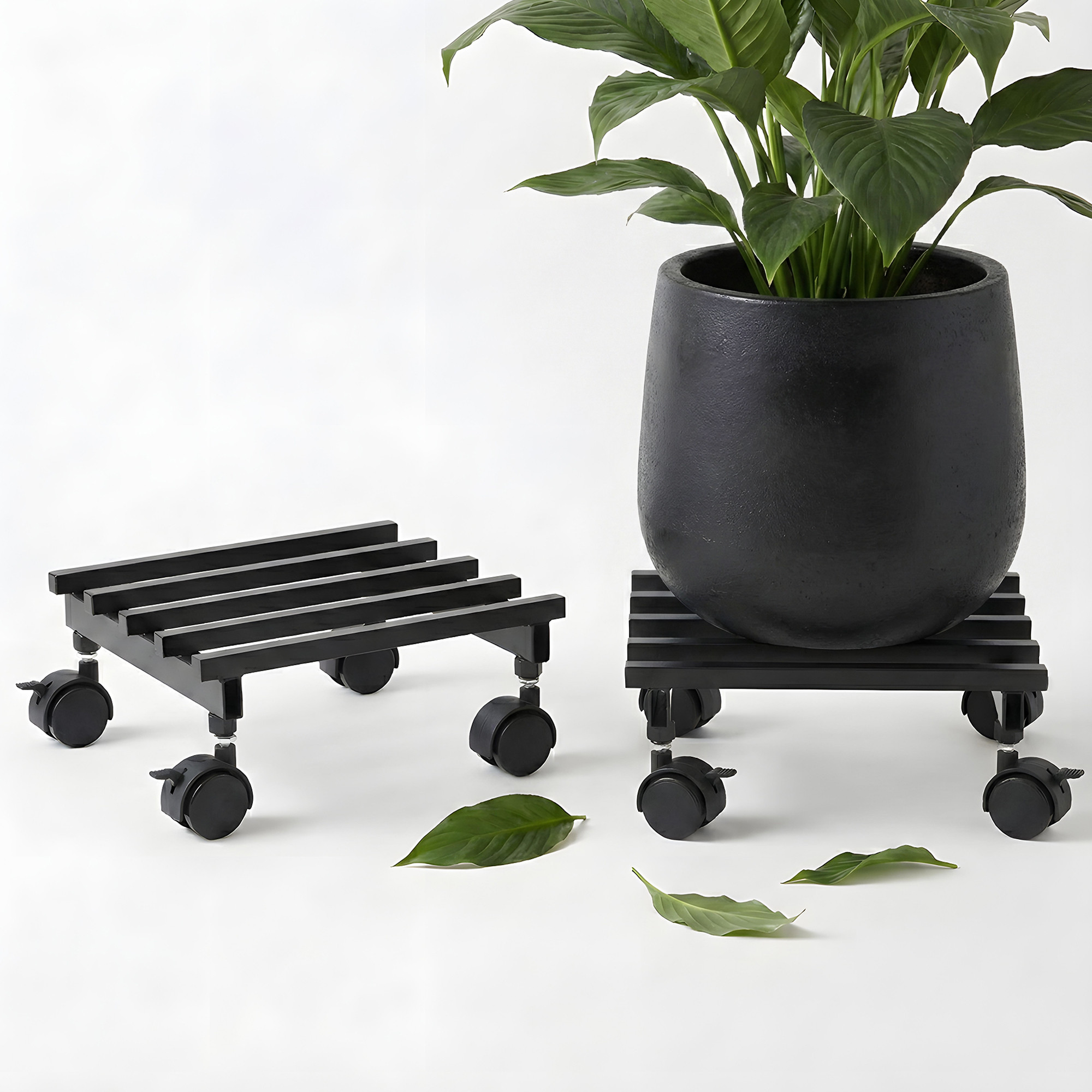 2 Pcs Square Metal Planter Stand with Wheels for Home  Rust-Proof Rolling Flower Pot Stand for Indoor and Outdoor  Black