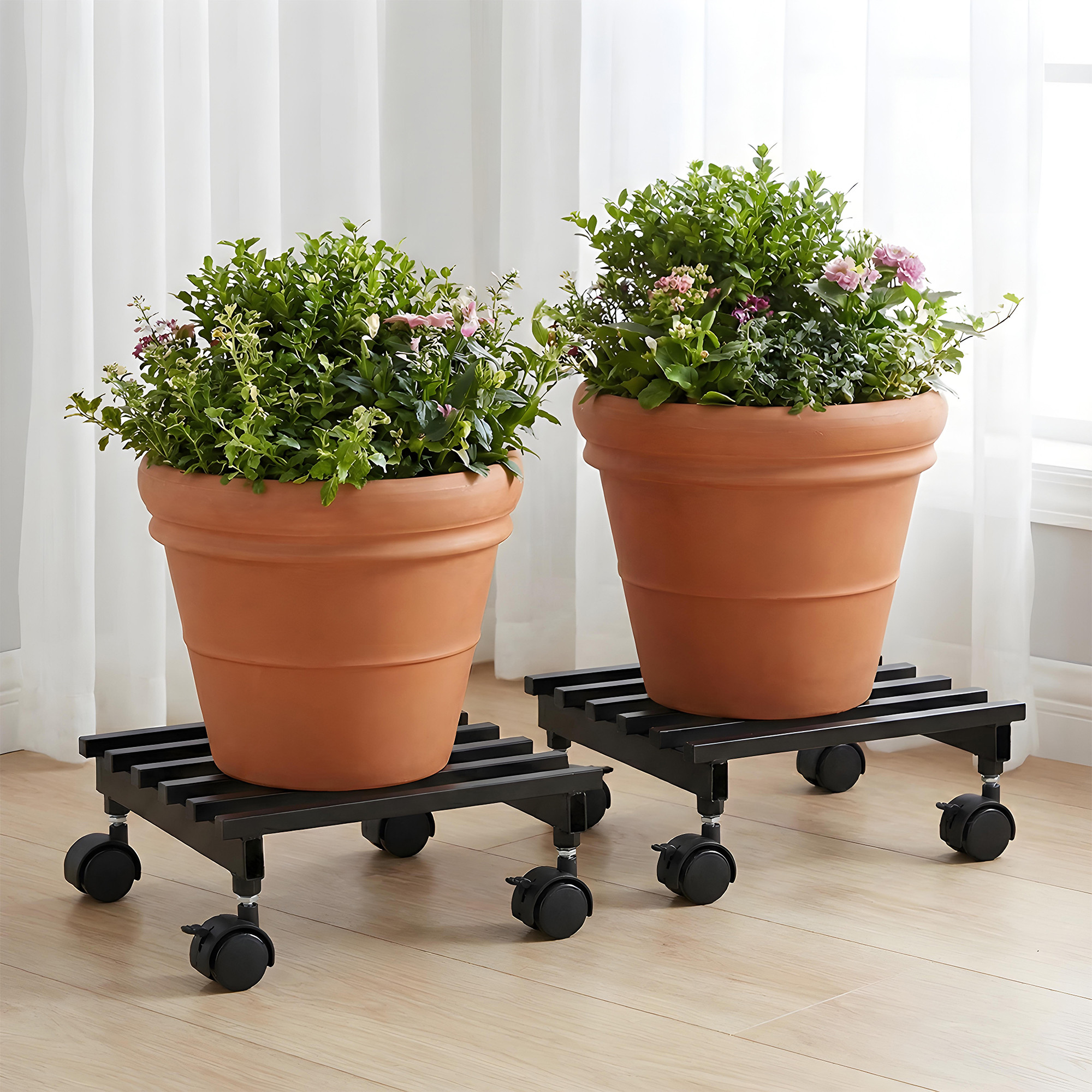 2 Pcs Square Metal Planter Stand with Wheels for Home  Rust-Proof Rolling Flower Pot Stand for Indoor and Outdoor  Black