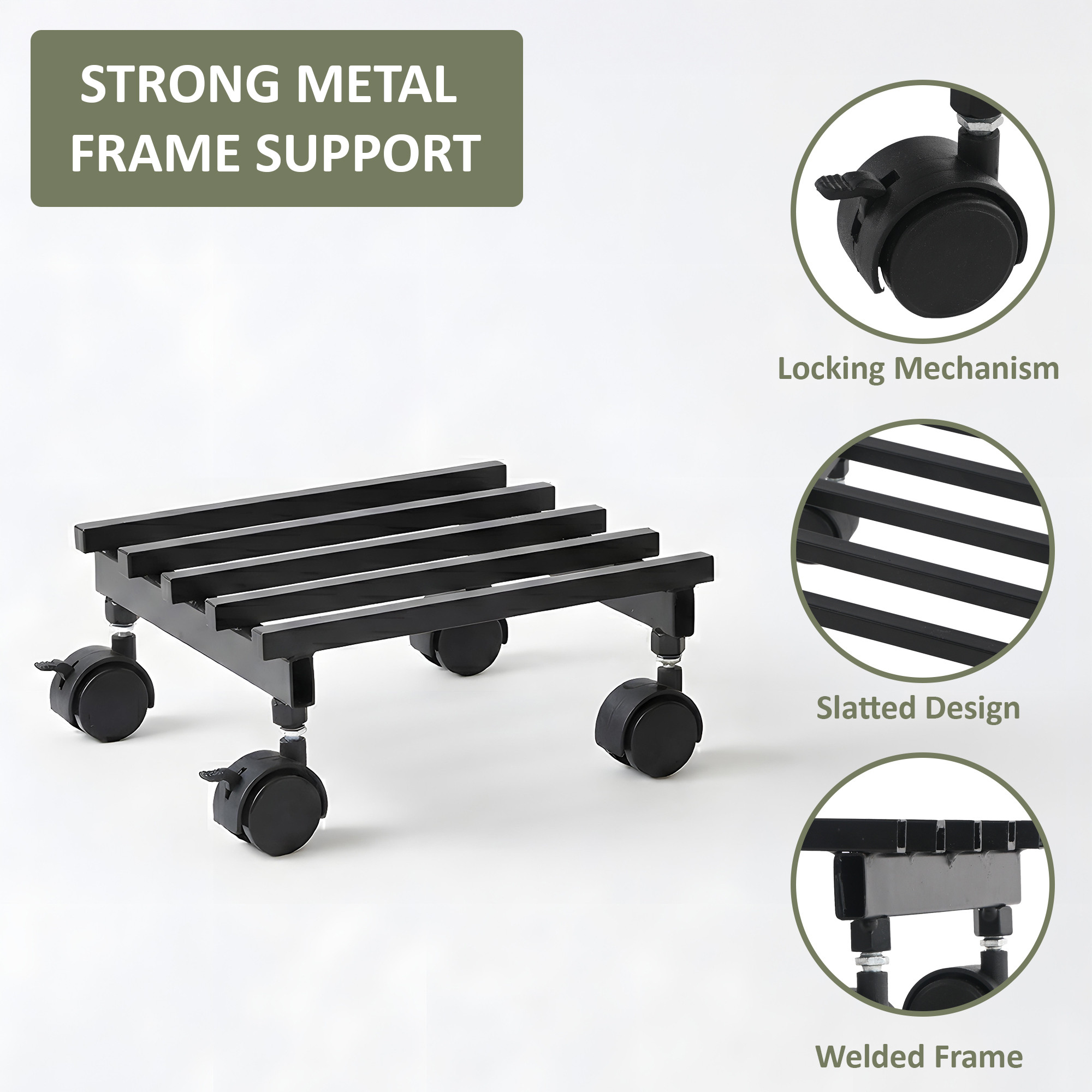 2 Pcs Square Metal Planter Stand with Wheels for Home  Rust-Proof Rolling Flower Pot Stand for Indoor and Outdoor  Black