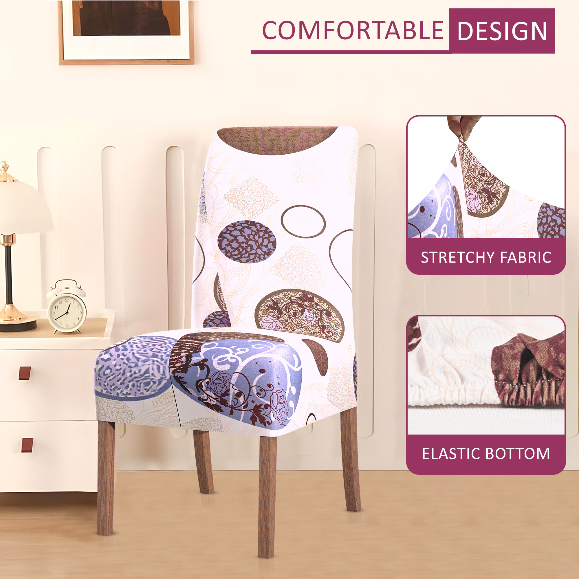 2 Pcs Stretchable Tea Table Chair Cover  Easy To Install  Machine Washable Chair Protector Seat Slipcover For Kitchen  Living Room  Gola Print - Cream