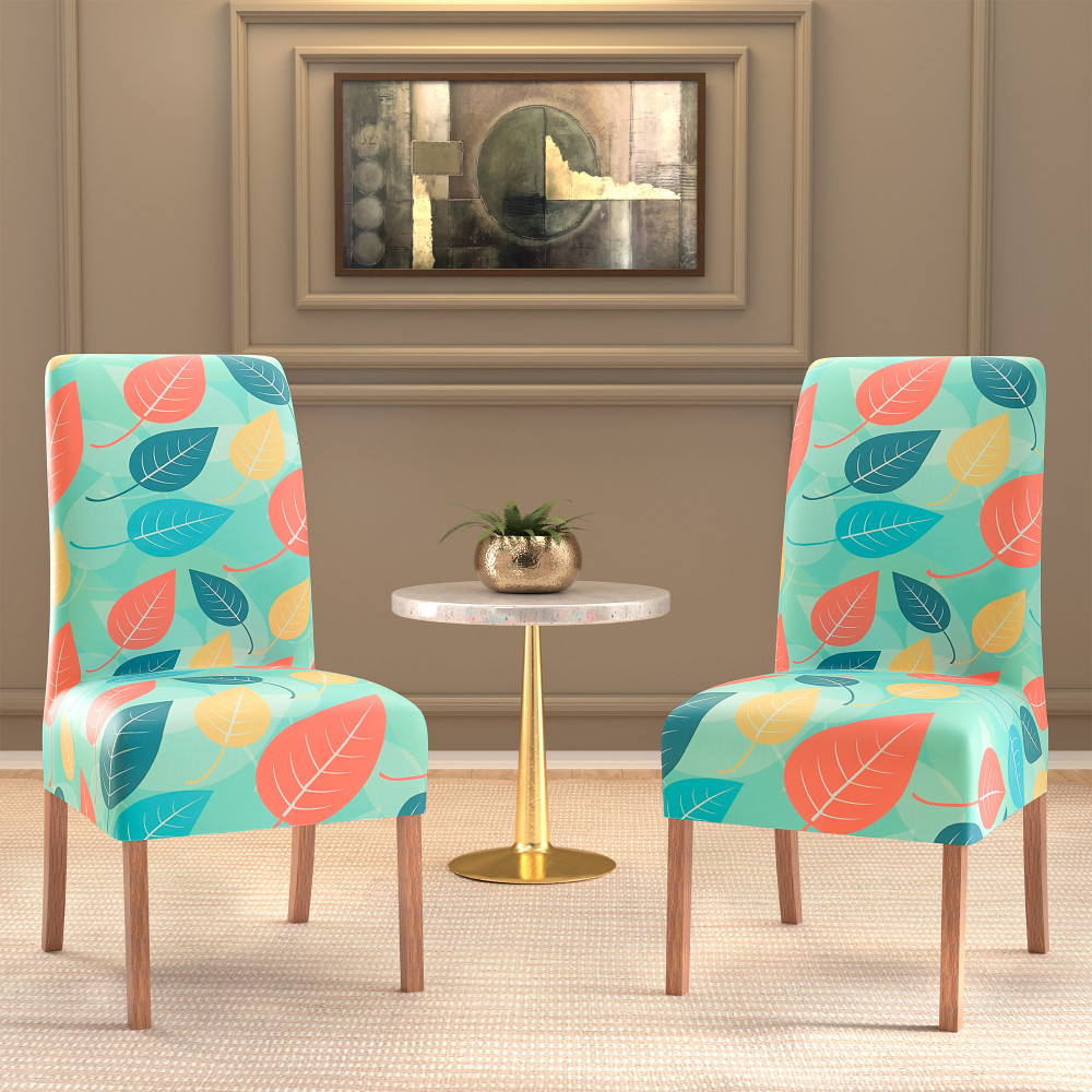 Image of 2 Pcs Stretchable Tea Table Chair Cover | Easy To Install &amp; Machine Washable Chair Protector Seat Slipcover For Kitchen &amp; Living Room | Multileaf - Green
