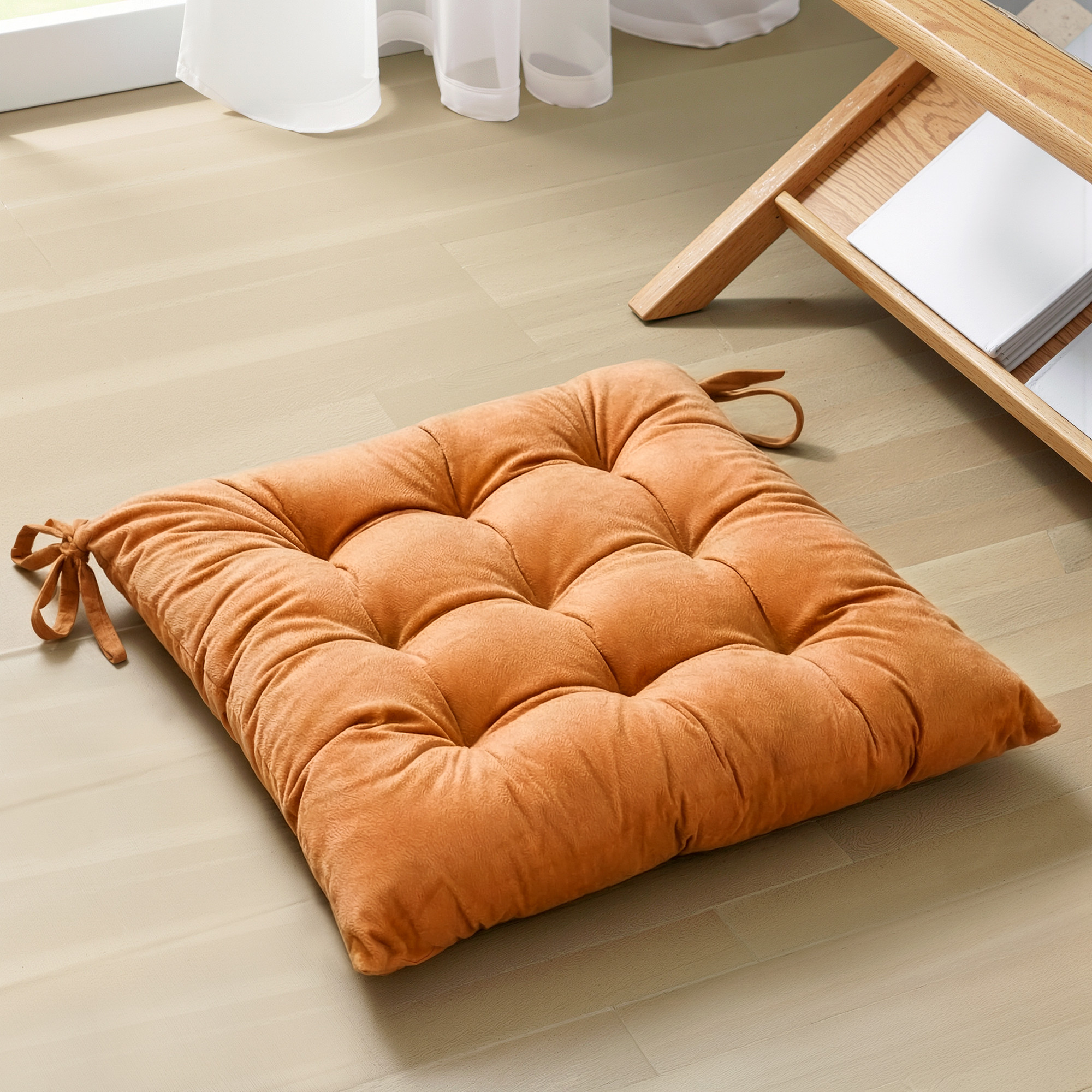 24 Inch Square Velvet Cozy Floor Cushion Pad with Straps  Tatami Tufted Cushion  Comfortable Sitting Large Pillows Seating for Adults  Golden