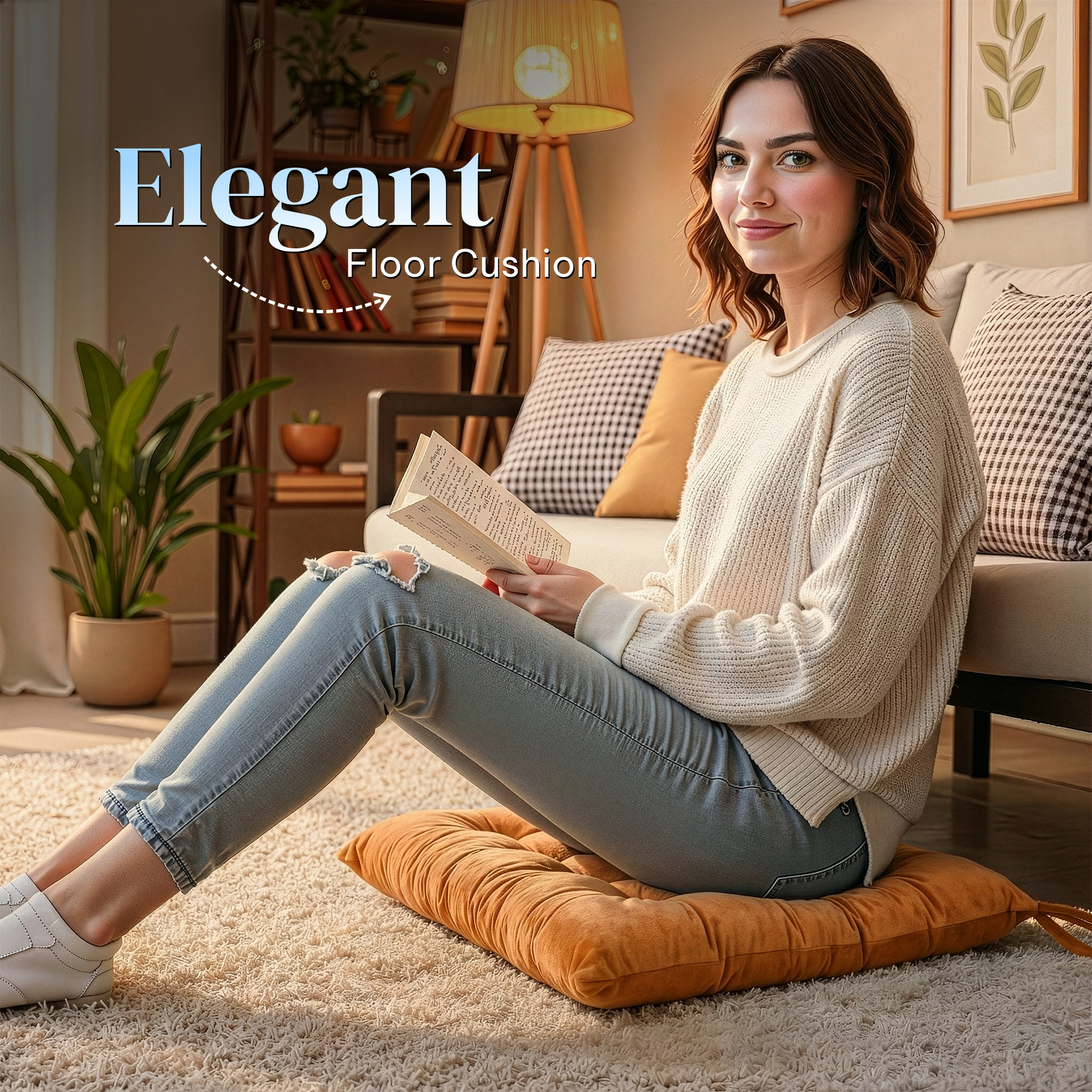 24 Inch Square Velvet Cozy Floor Cushion Pad with Straps  Tatami Tufted Cushion  Comfortable Sitting Large Pillows Seating for Adults  Golden