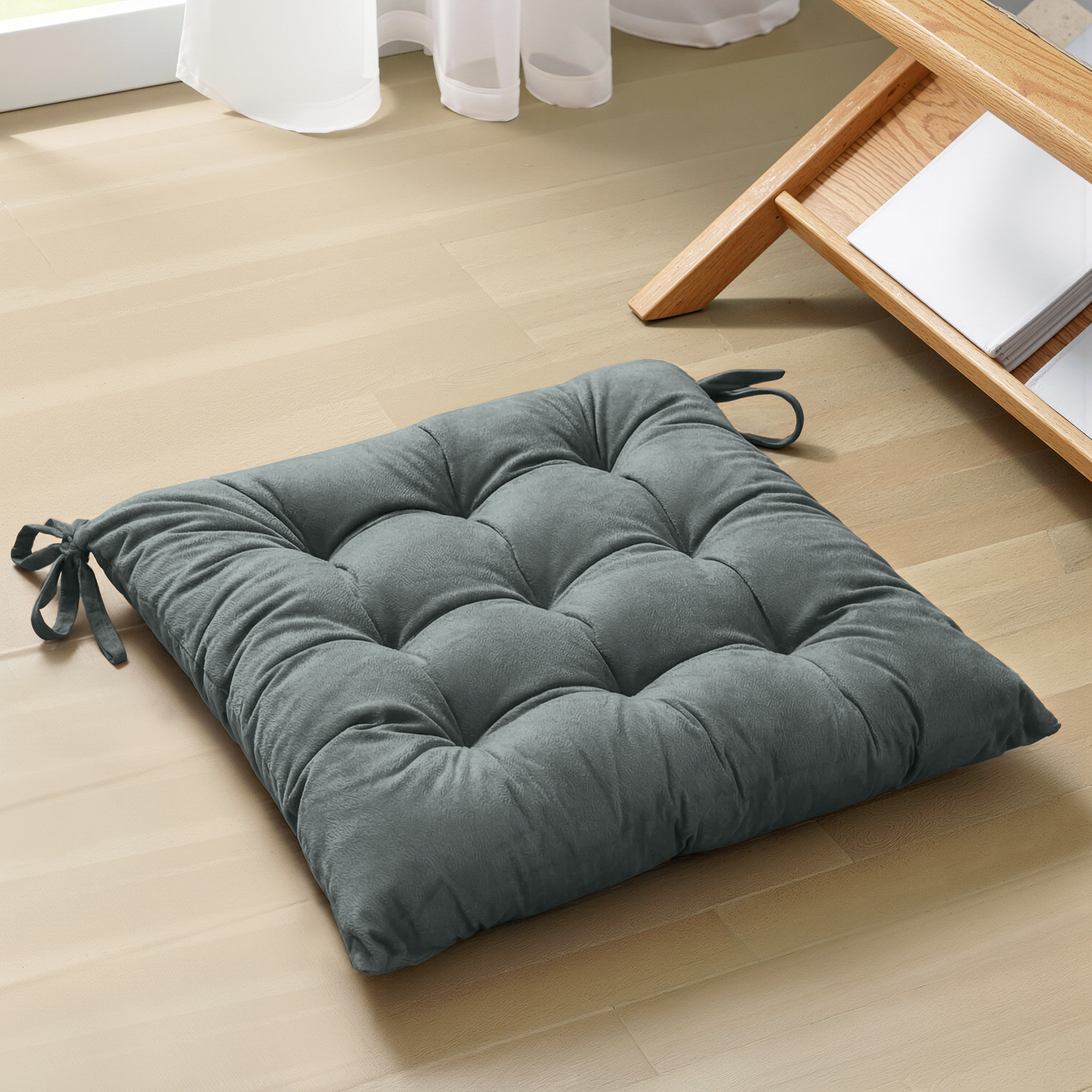 24 Inch Square Velvet Cozy Floor Cushion Pad with Straps  Tatami Tufted Cushion  Comfortable Sitting Large Pillows Seating for Adults  Grey
