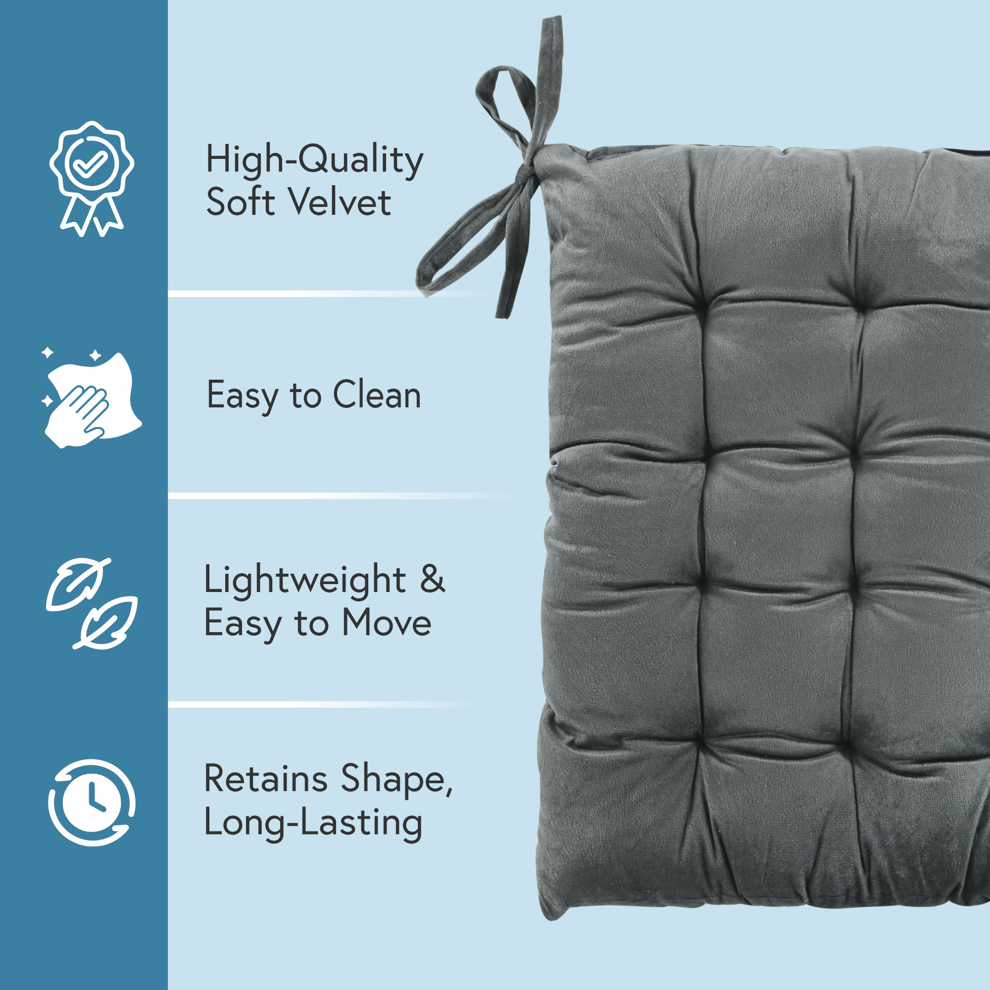 24 Inch Square Velvet Cozy Floor Cushion Pad with Straps  Tatami Tufted Cushion  Comfortable Sitting Large Pillows Seating for Adults  Grey