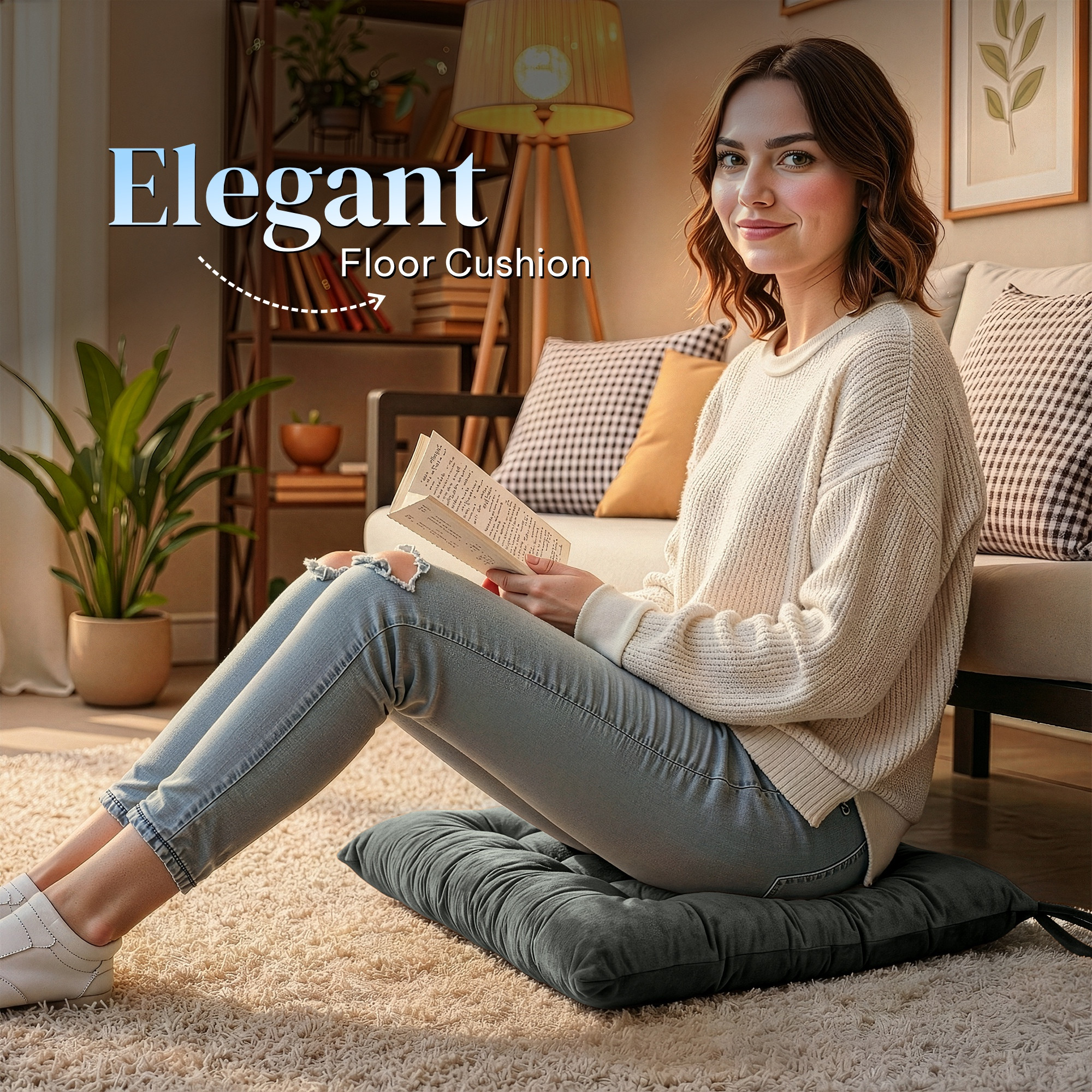 24 Inch Square Velvet Cozy Floor Cushion Pad with Straps  Tatami Tufted Cushion  Comfortable Sitting Large Pillows Seating for Adults  Grey