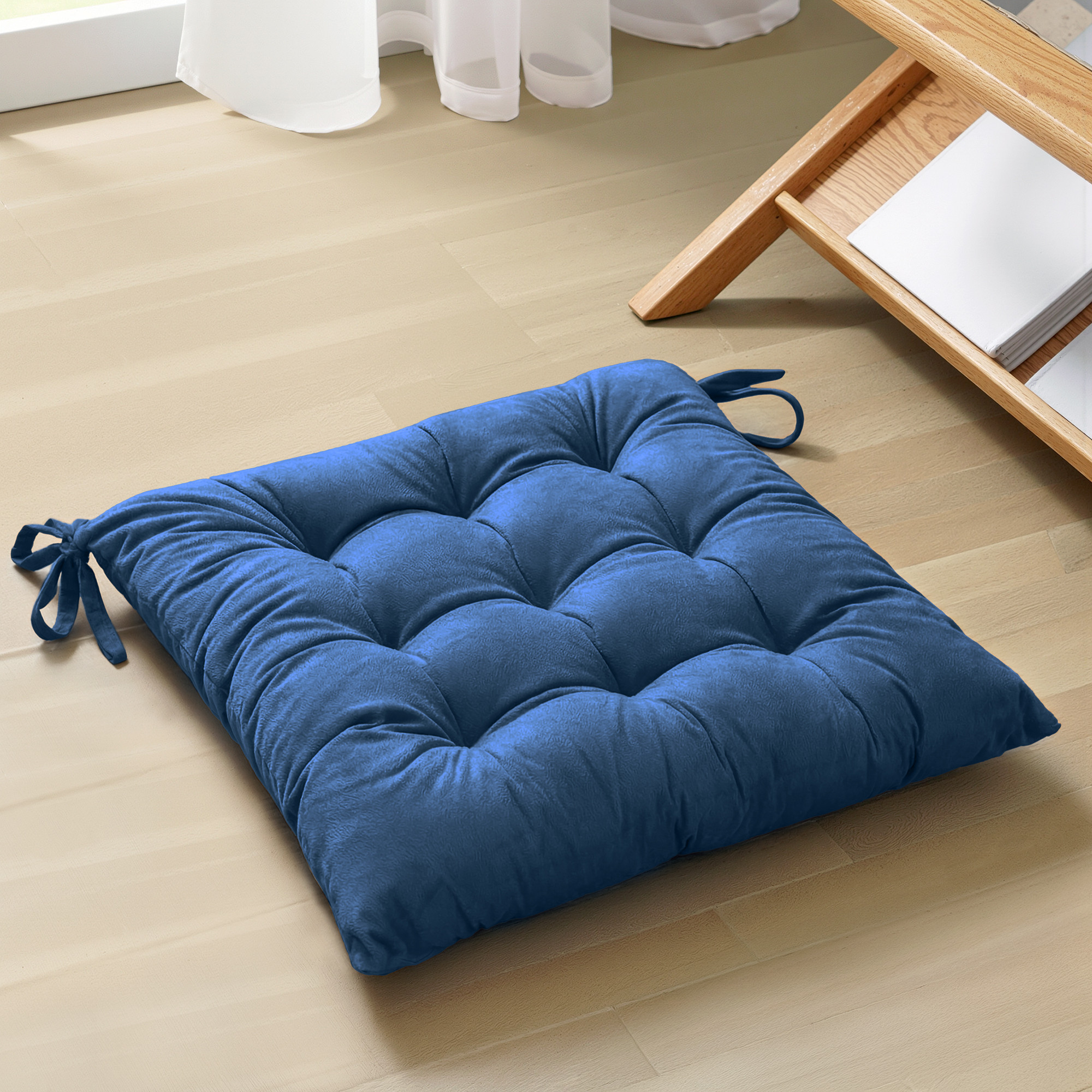 24 Inch Square Velvet Cozy Floor Cushion Pad with Straps  Tatami Tufted Cushion  Comfortable Sitting Large Pillows Seating for Adults  Navy Blue