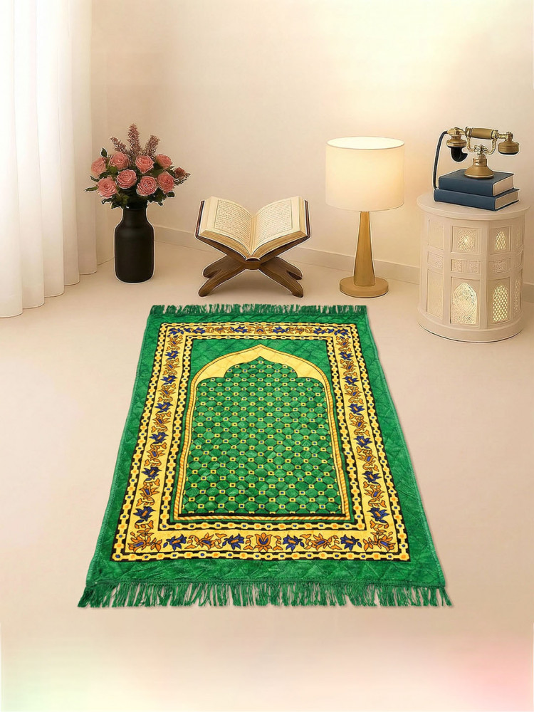 Image of 28x44 Inch Velvet Janamaz/Meditation/Prayer Mat for Muslim Namaz | Soft &amp; Foldable Mihrab Mark Islamic Prayer Rug | Green