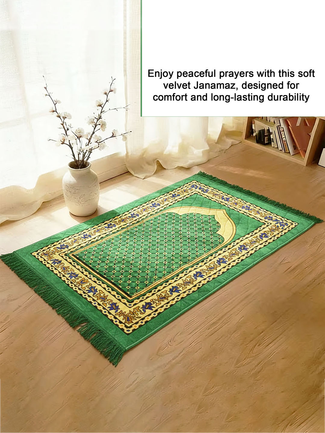 28x44 Inch Velvet JanamazMeditationPrayer Mat for Muslim Namaz  Soft  Foldable Mihrab Mark Islamic Prayer Rug  Green