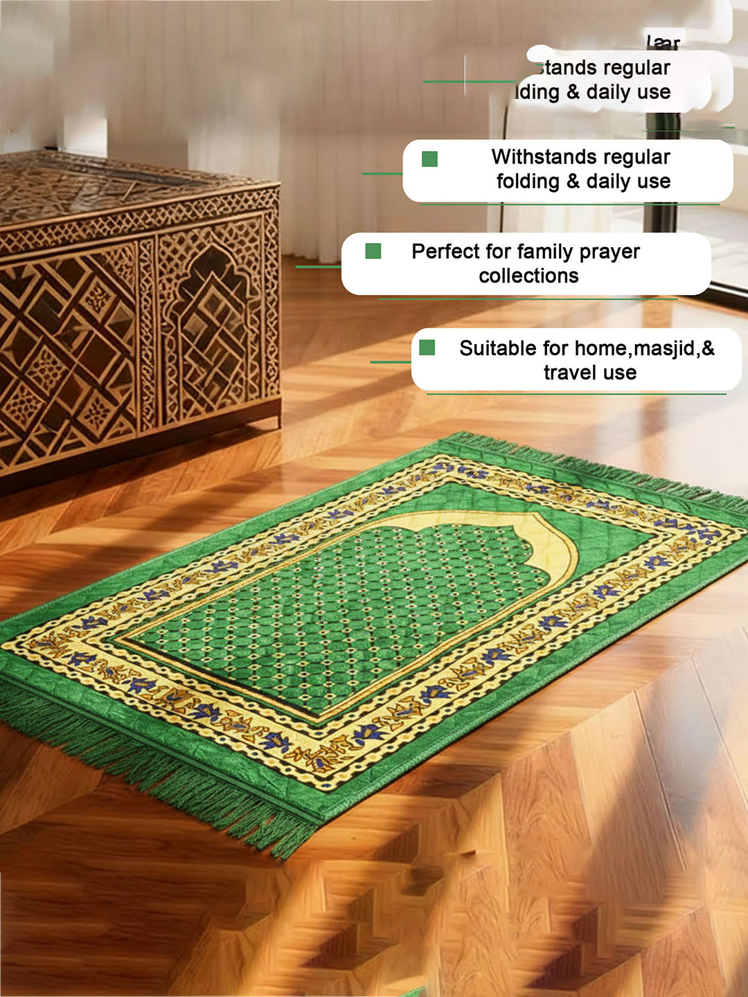 28x44 Inch Velvet JanamazMeditationPrayer Mat for Muslim Namaz  Soft  Foldable Mihrab Mark Islamic Prayer Rug  Green