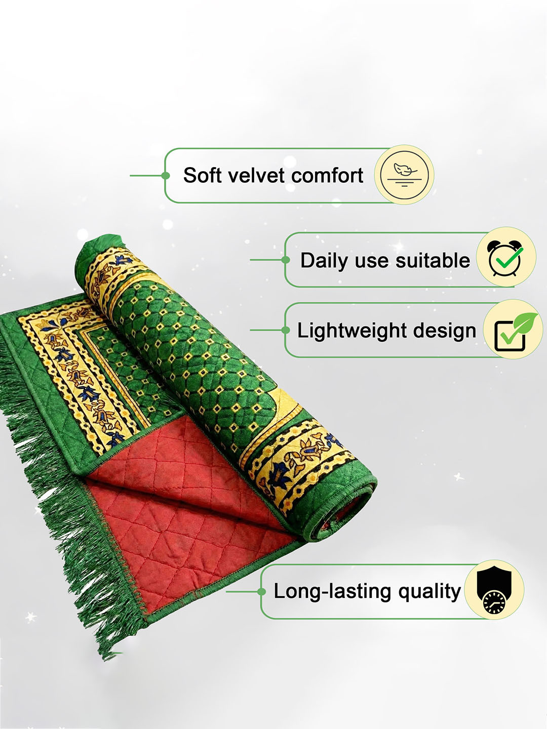 28x44 Inch Velvet JanamazMeditationPrayer Mat for Muslim Namaz  Soft  Foldable Mihrab Mark Islamic Prayer Rug  Green