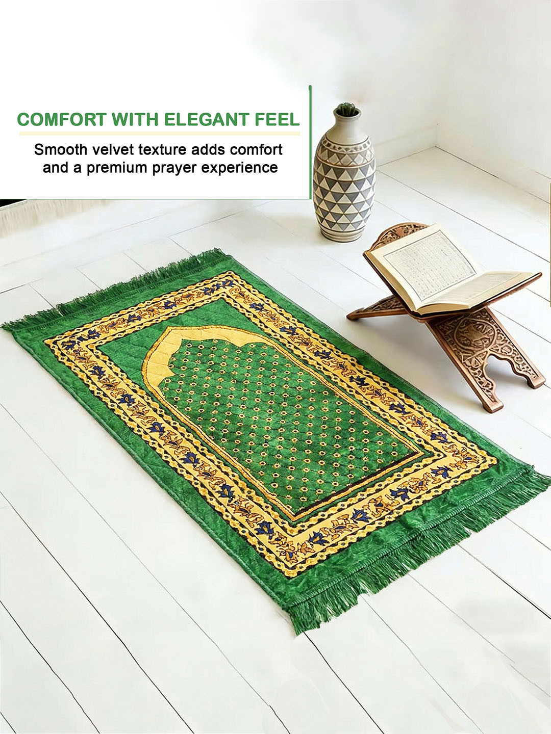 28x44 Inch Velvet JanamazMeditationPrayer Mat for Muslim Namaz  Soft  Foldable Mihrab Mark Islamic Prayer Rug  Green