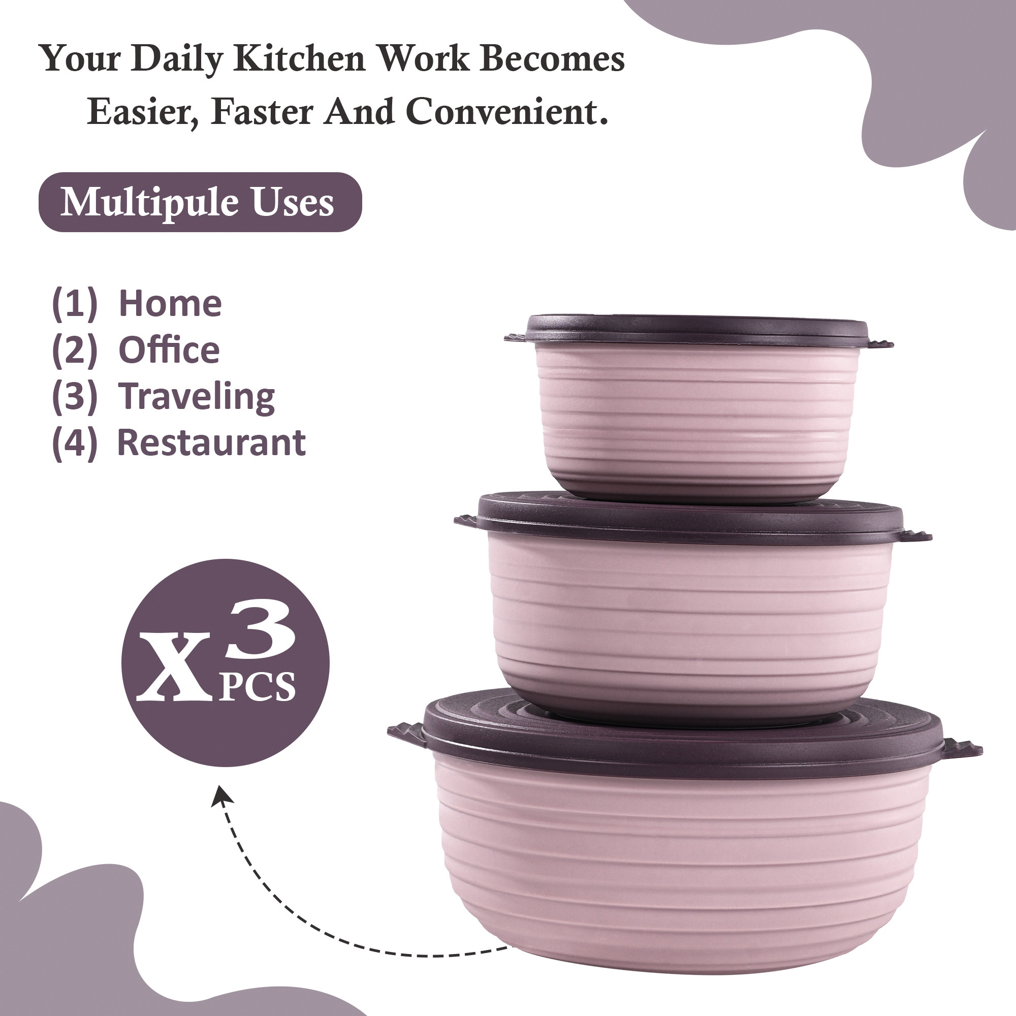 3 Pcs Multipurpose Storage Container Set  Capacity - 3000 1800 1000 ML  BPA-Free  Airtight Food Containers for Kitchen  Florence - Purple