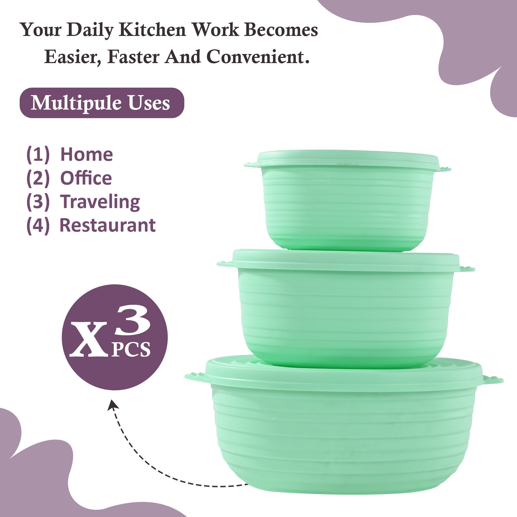 3 Pcs Multipurpose Storage Container Set  Capacity - 3000 1800 1000 ML  BPA-Free  Airtight Food Containers for Kitchen  Florence - Green