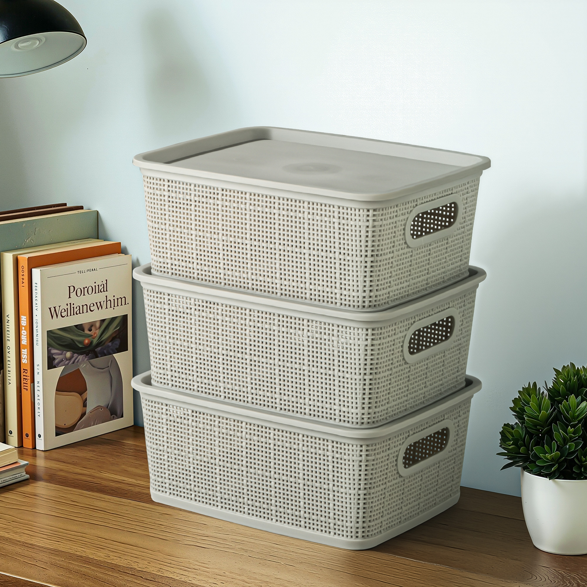 3 Pcs Plastic Small Solitaire Storage Basket with Lid  Handle  Multipurpose Storage Rectangular Box for Kitchen  Bathroom  Vogue-1  Grey