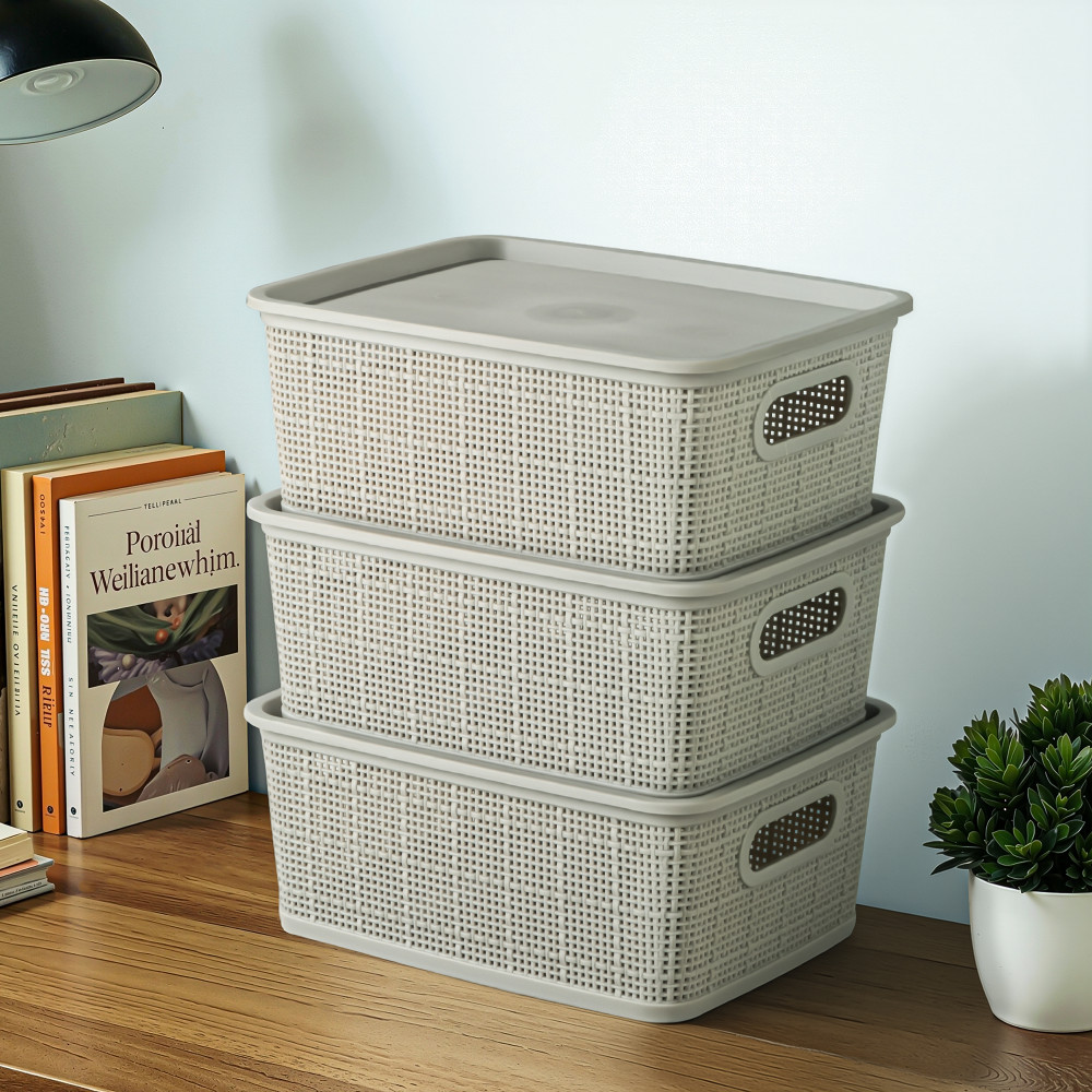 Image of 3 Pcs Plastic Small Solitaire Storage Basket with Lid &amp; Handle | Multipurpose Storage Rectangular Box for Kitchen &amp; Bathroom | Vogue-1 | Grey