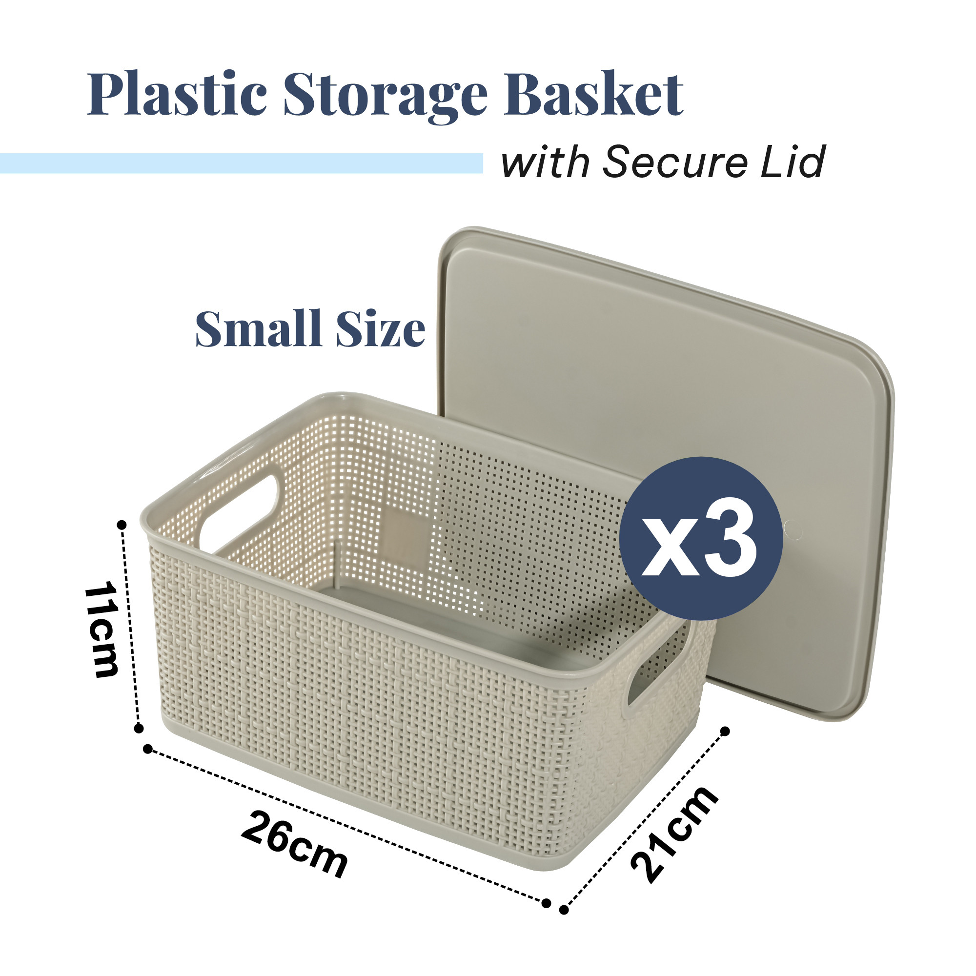 3 Pcs Plastic Small Solitaire Storage Basket with Lid  Handle  Multipurpose Storage Rectangular Box for Kitchen  Bathroom  Vogue-1  Grey