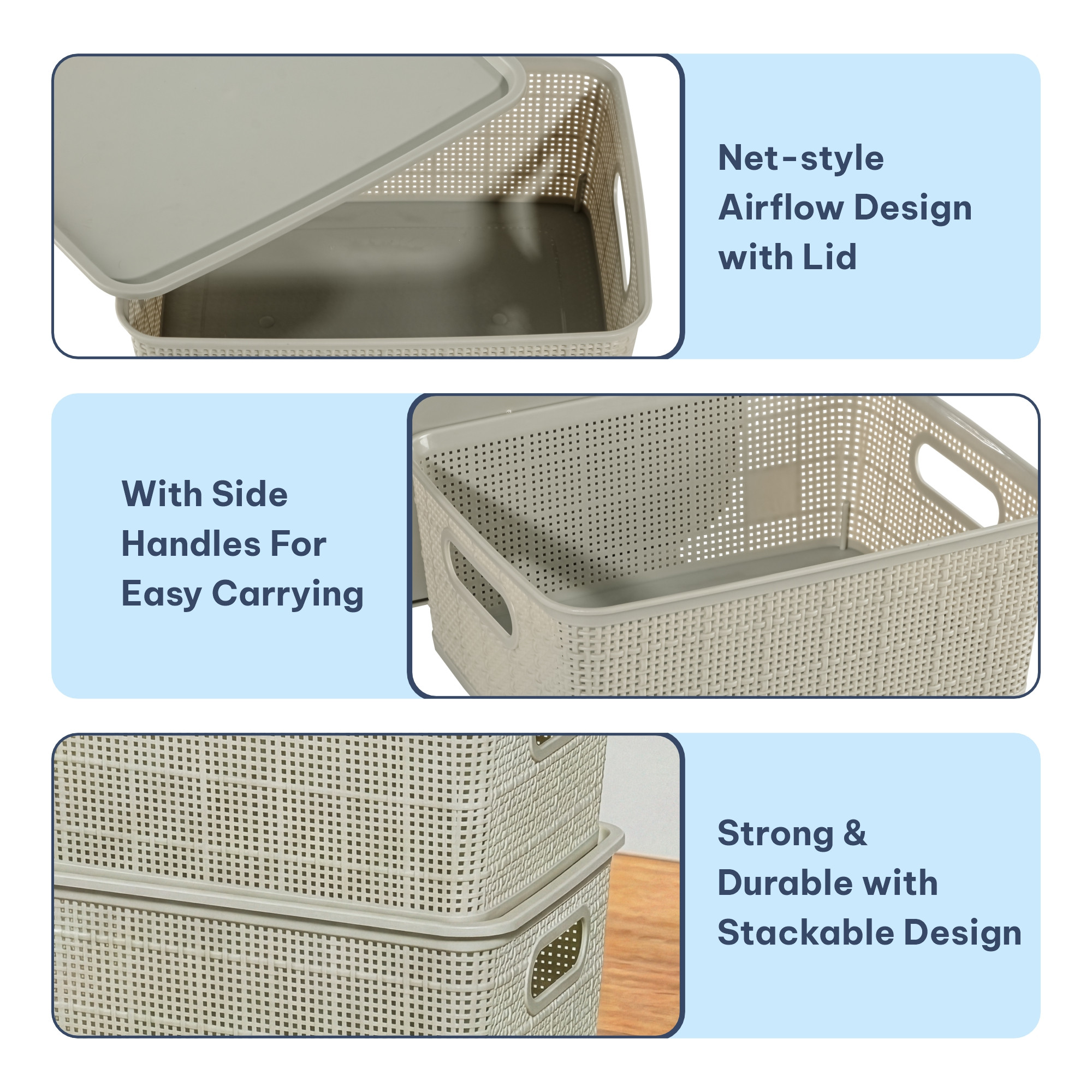 3 Pcs Plastic Small Solitaire Storage Basket with Lid  Handle  Multipurpose Storage Rectangular Box for Kitchen  Bathroom  Vogue-1  Grey