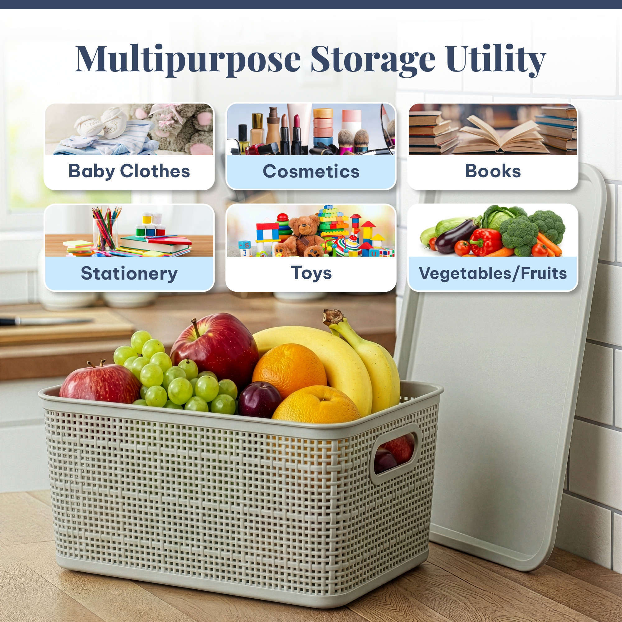 3 Pcs Plastic Small Solitaire Storage Basket with Lid  Handle  Multipurpose Storage Rectangular Box for Kitchen  Bathroom  Vogue-1  Grey