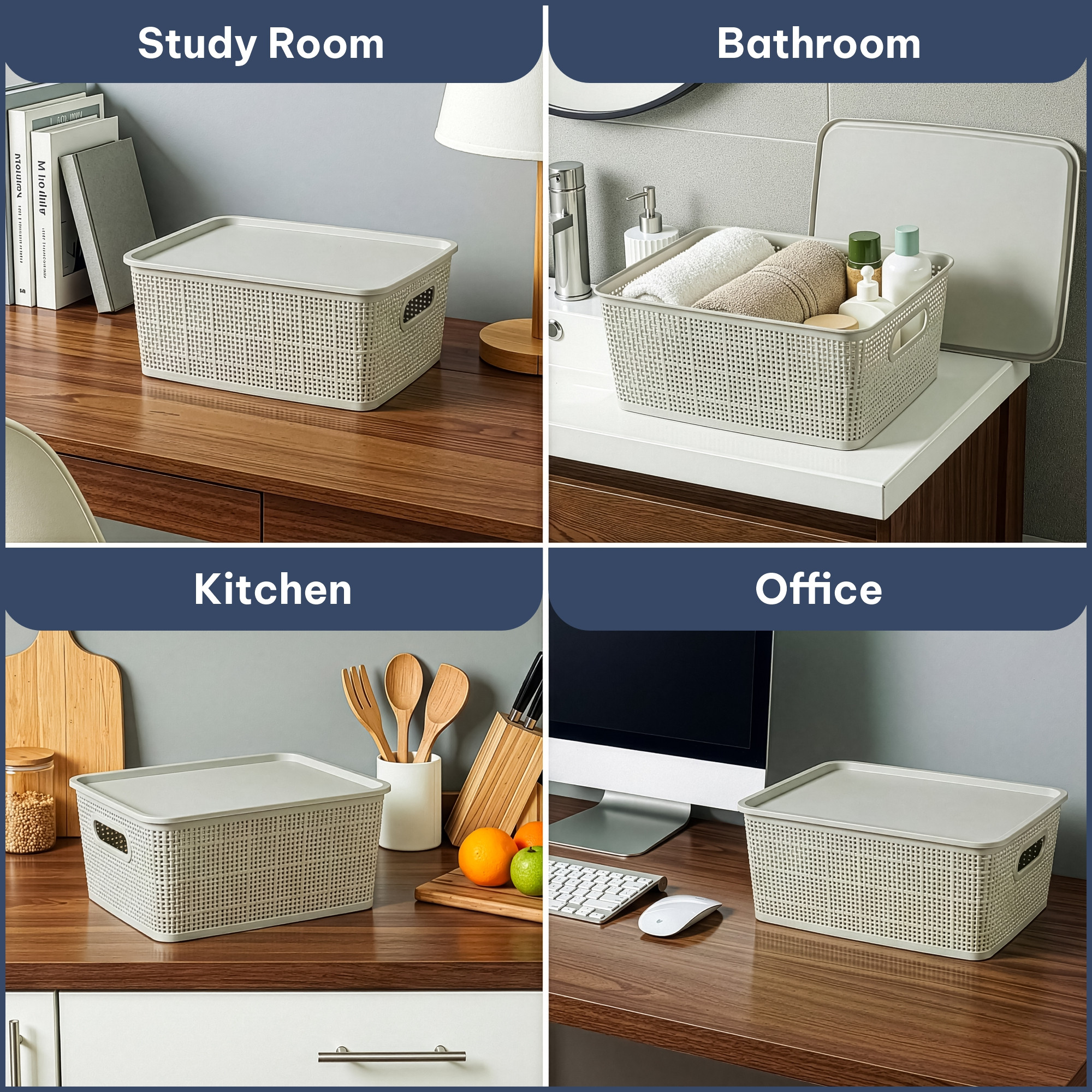 3 Pcs Plastic Small Solitaire Storage Basket with Lid  Handle  Multipurpose Storage Rectangular Box for Kitchen  Bathroom  Vogue-1  Grey