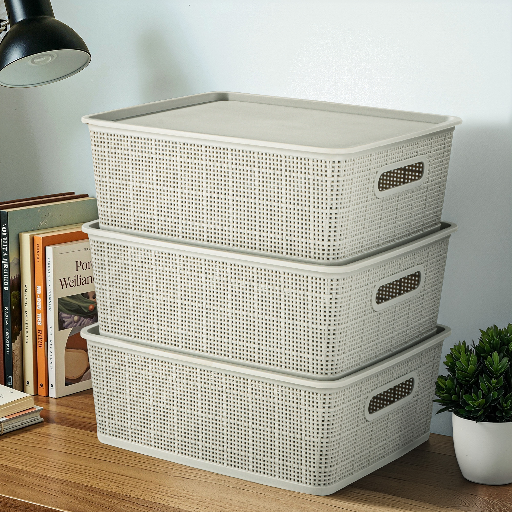 3 Pcs Plastic Small Solitaire Storage Basket with Lid  Handle  Multipurpose Storage Rectangular Box for Kitchen  Bathroom  Vogue-1  Grey