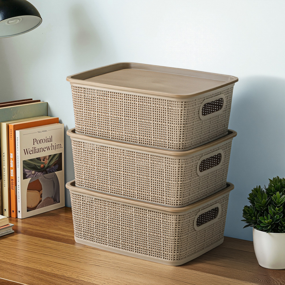 Image of 3 Pcs Plastic Small Solitaire Storage Basket with Lid &amp; Handle | Multipurpose Storage Rectangular Box for Kitchen &amp; Bathroom | Vogue-1 | Brown