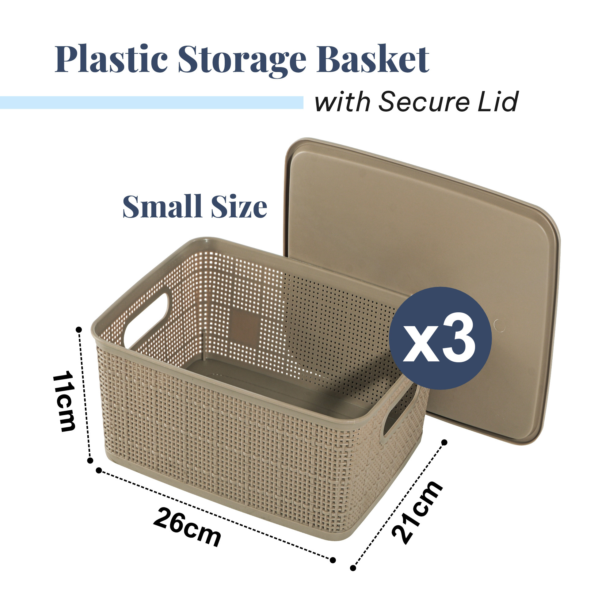 3 Pcs Plastic Small Solitaire Storage Basket with Lid  Handle  Multipurpose Storage Rectangular Box for Kitchen  Bathroom  Vogue-1  Brown