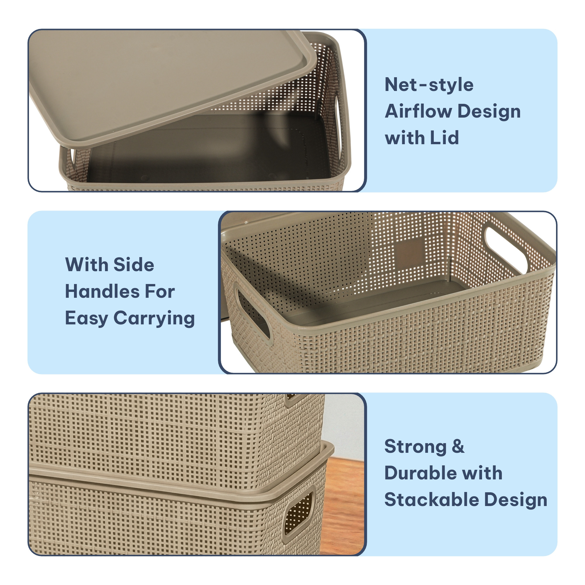 3 Pcs Plastic Small Solitaire Storage Basket with Lid  Handle  Multipurpose Storage Rectangular Box for Kitchen  Bathroom  Vogue-1  Brown