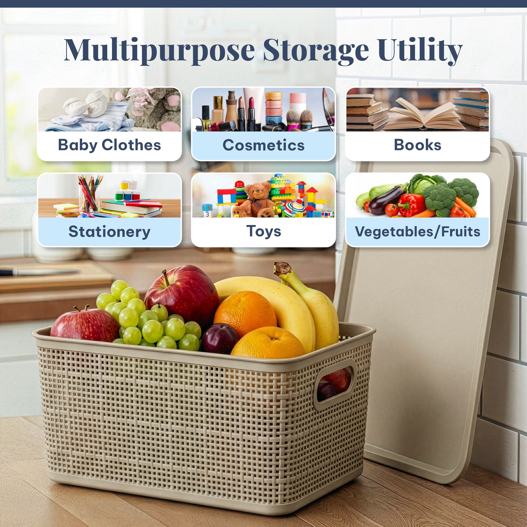 3 Pcs Plastic Small Solitaire Storage Basket with Lid  Handle  Multipurpose Storage Rectangular Box for Kitchen  Bathroom  Vogue-1  Brown