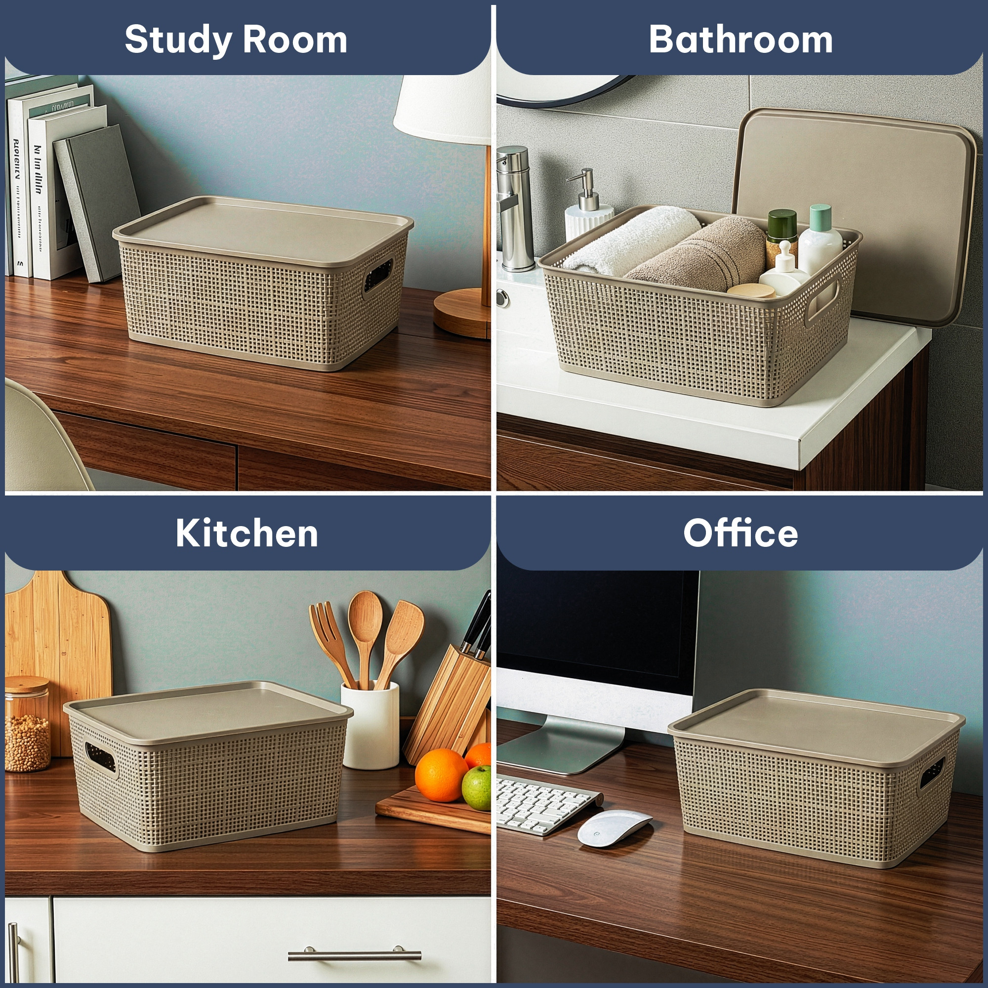 3 Pcs Plastic Small Solitaire Storage Basket with Lid  Handle  Multipurpose Storage Rectangular Box for Kitchen  Bathroom  Vogue-1  Brown