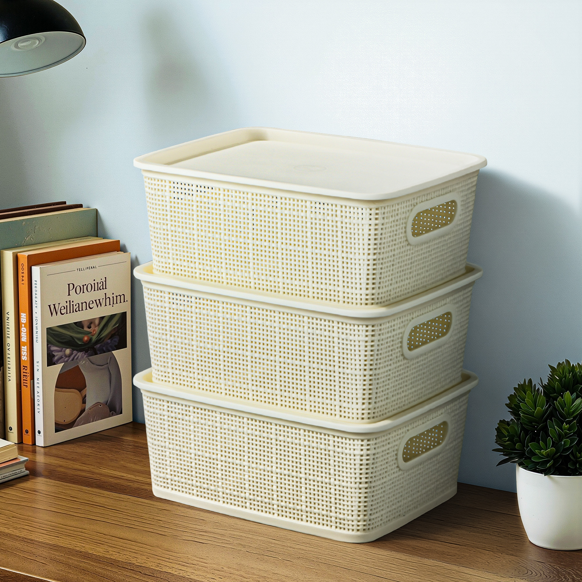 3 Pcs Plastic Small Solitaire Storage Basket with Lid  Handle  Multipurpose Storage Rectangular Box for Kitchen  Bathroom  Vogue-1  Ivory