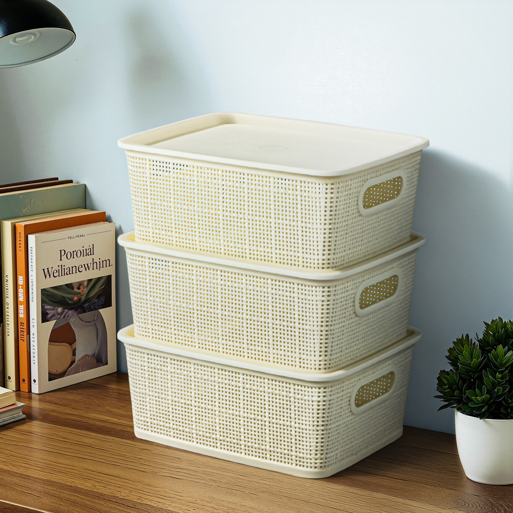 Image of 3 Pcs Plastic Small Solitaire Storage Basket with Lid &amp; Handle | Multipurpose Storage Rectangular Box for Kitchen &amp; Bathroom | Vogue-1 | Ivory