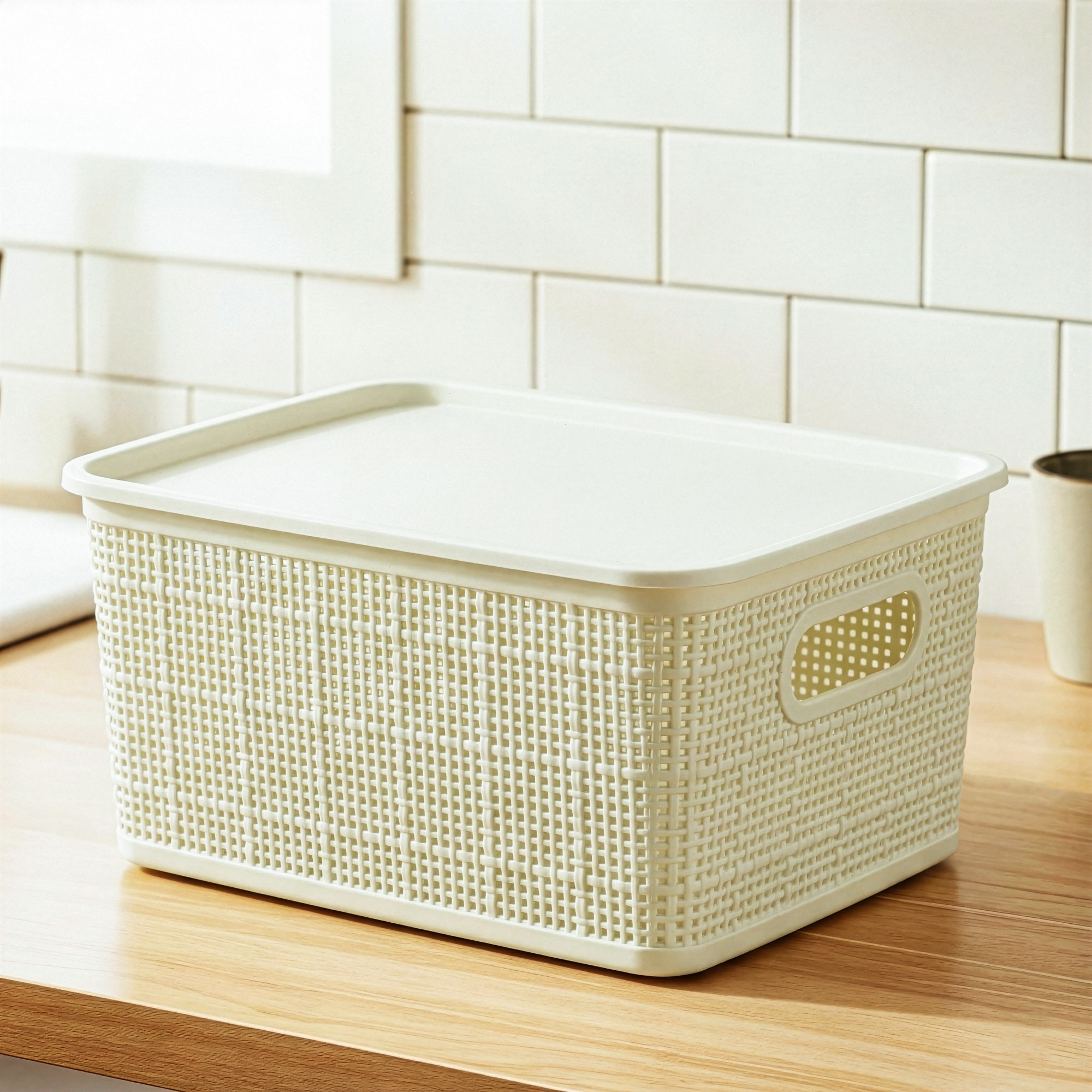 3 Pcs Plastic Small Solitaire Storage Basket with Lid  Handle  Multipurpose Storage Rectangular Box for Kitchen  Bathroom  Vogue-1  Ivory