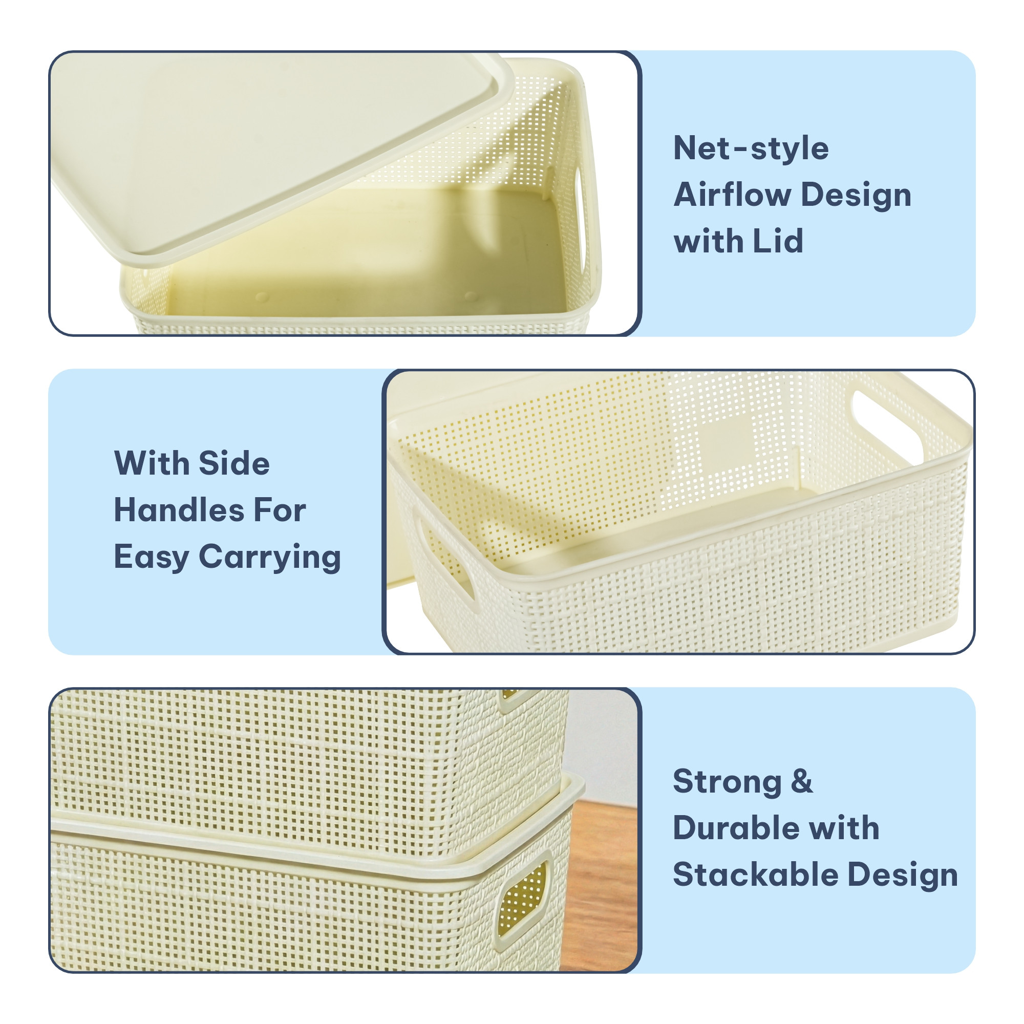 3 Pcs Plastic Small Solitaire Storage Basket with Lid  Handle  Multipurpose Storage Rectangular Box for Kitchen  Bathroom  Vogue-1  Ivory