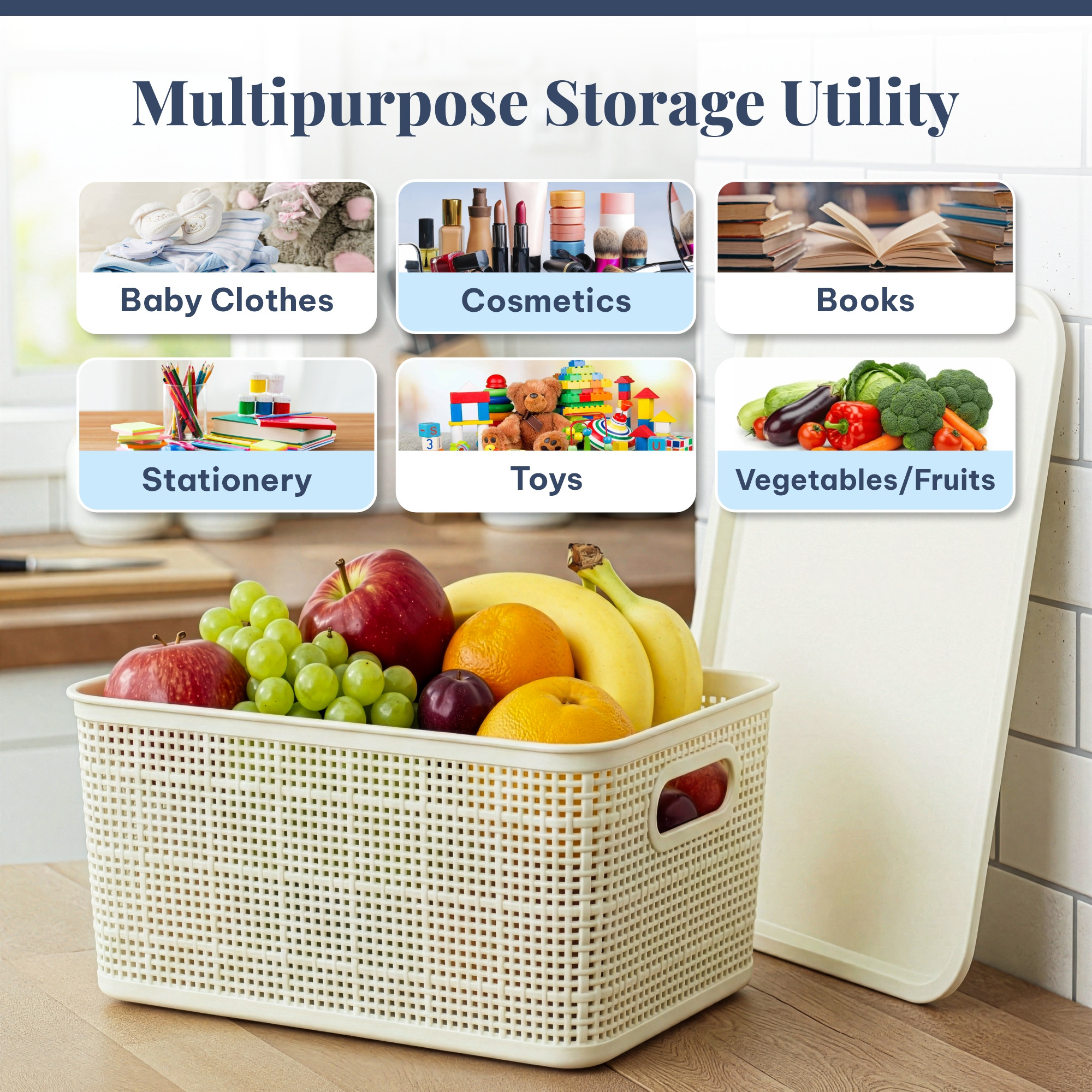 3 Pcs Plastic Small Solitaire Storage Basket with Lid  Handle  Multipurpose Storage Rectangular Box for Kitchen  Bathroom  Vogue-1  Ivory