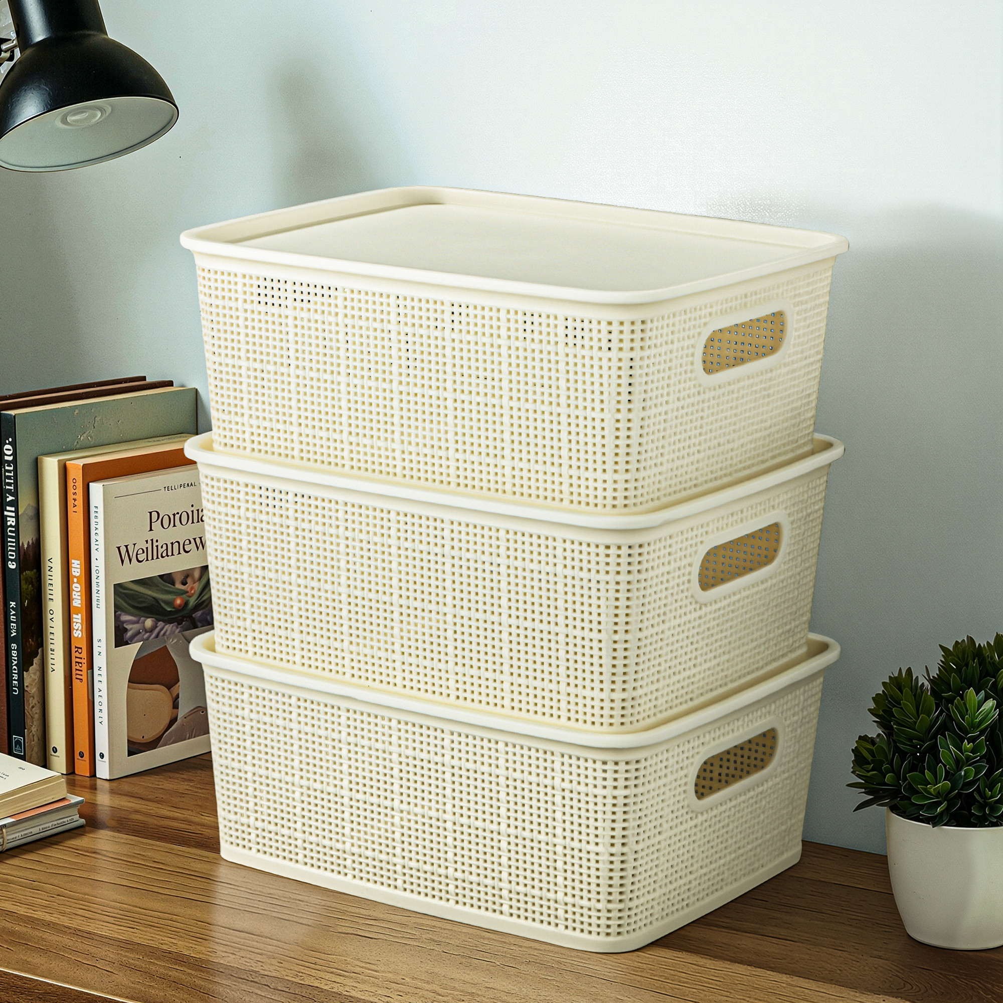 3 Pcs Plastic Small Solitaire Storage Basket with Lid  Handle  Multipurpose Storage Rectangular Box for Kitchen  Bathroom  Vogue-1  Ivory