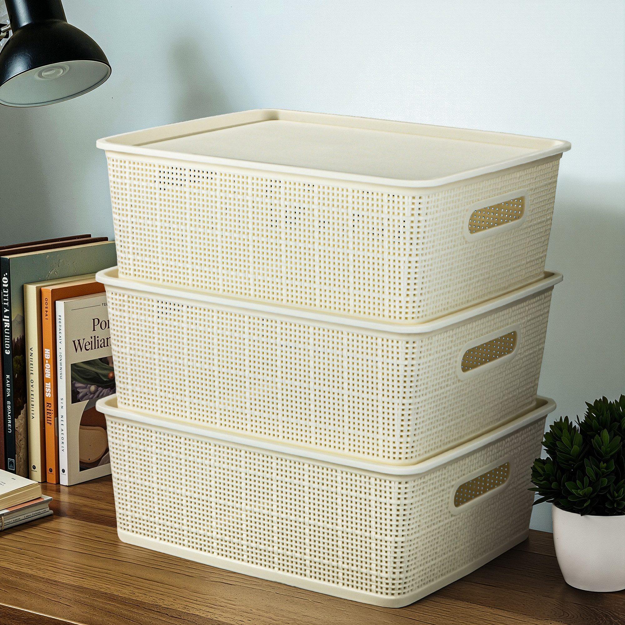 3 Pcs Plastic Small Solitaire Storage Basket with Lid  Handle  Multipurpose Storage Rectangular Box for Kitchen  Bathroom  Vogue-1  Ivory