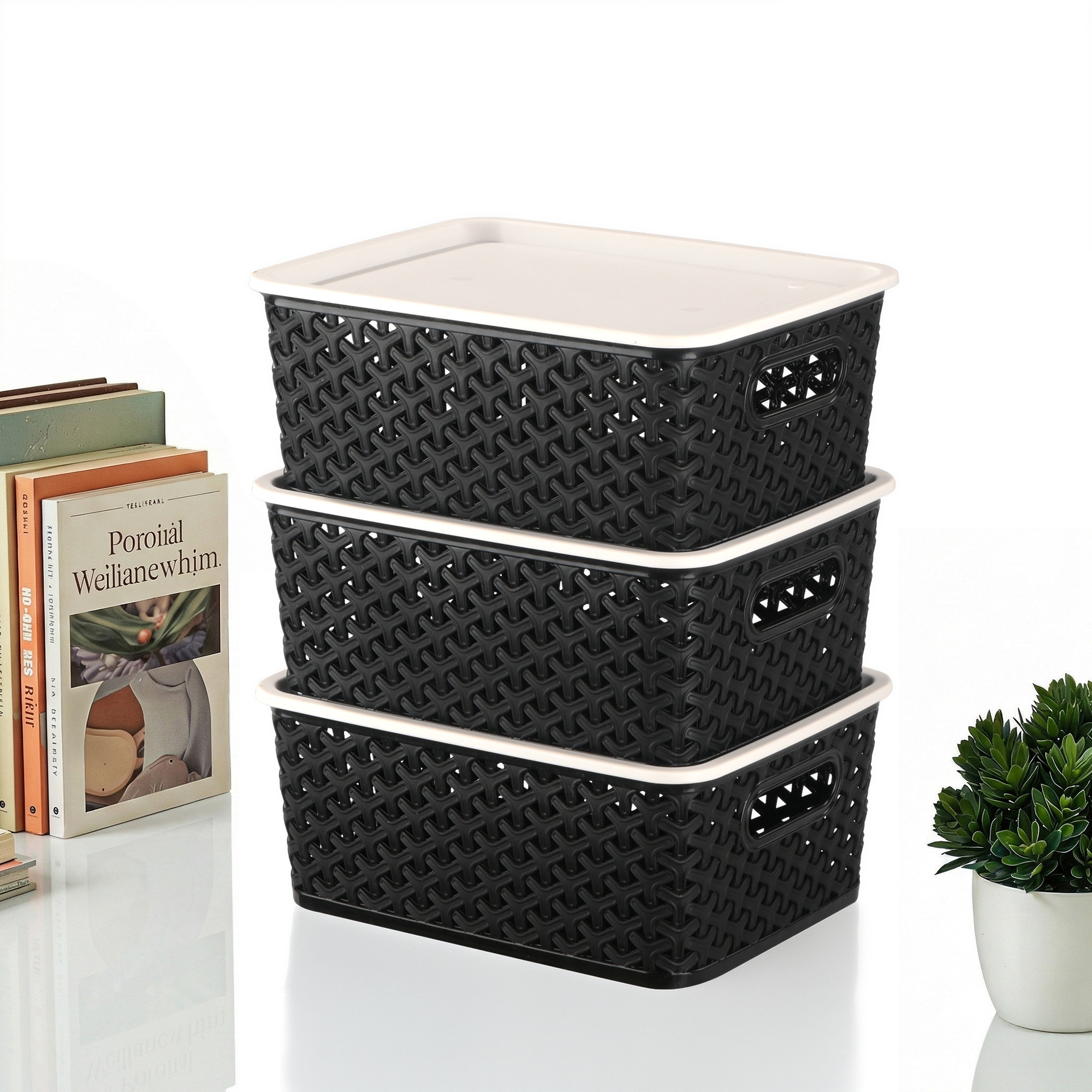 3 Pcs Plastic Small Solitaire Storage Basket with Lid  Handle  Multipurpose Storage Rectangular Box for Kitchen  Bathroom  Black  Ivory