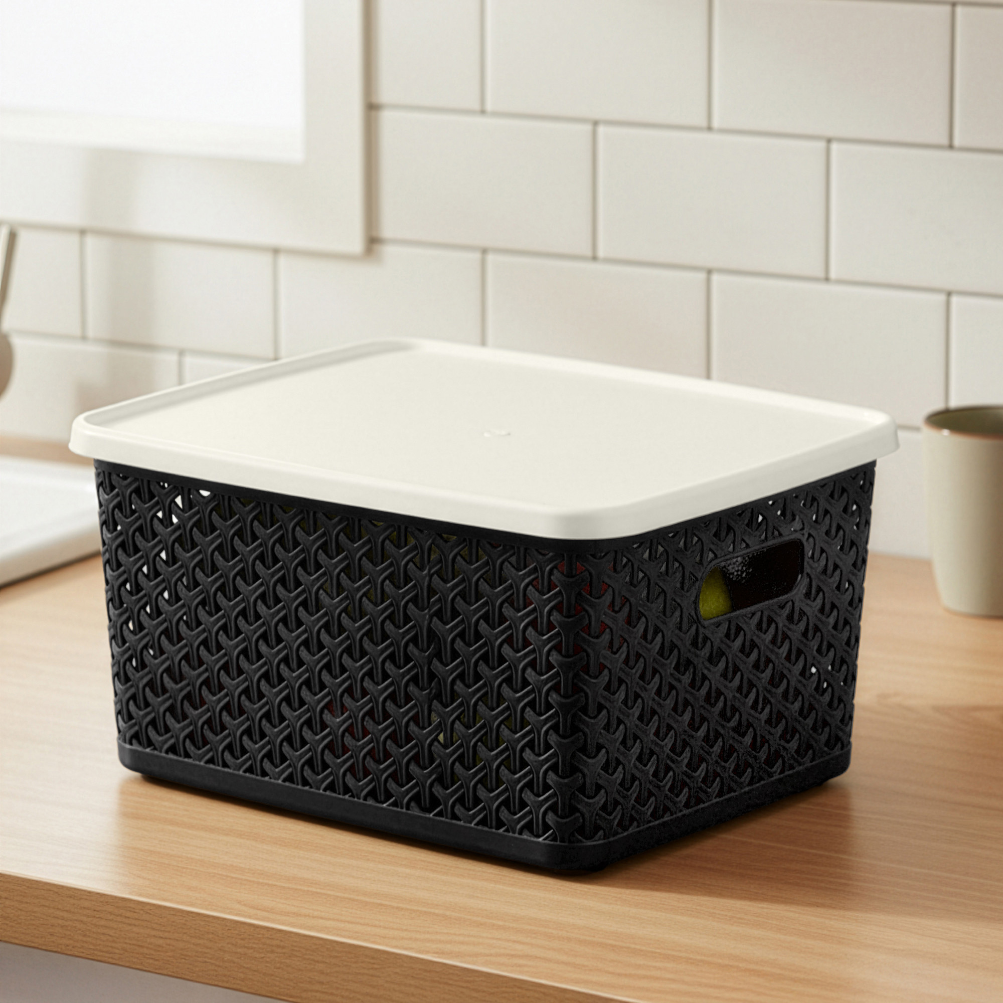 3 Pcs Plastic Small Solitaire Storage Basket with Lid  Handle  Multipurpose Storage Rectangular Box for Kitchen  Bathroom  Black  Ivory