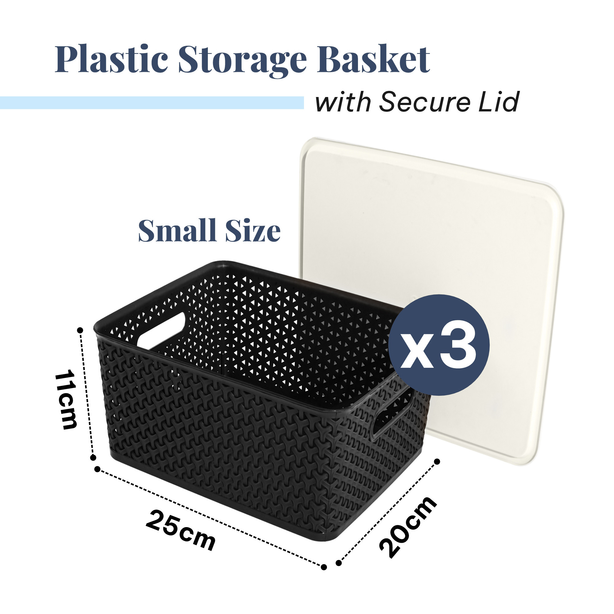 3 Pcs Plastic Small Solitaire Storage Basket with Lid  Handle  Multipurpose Storage Rectangular Box for Kitchen  Bathroom  Black  Ivory
