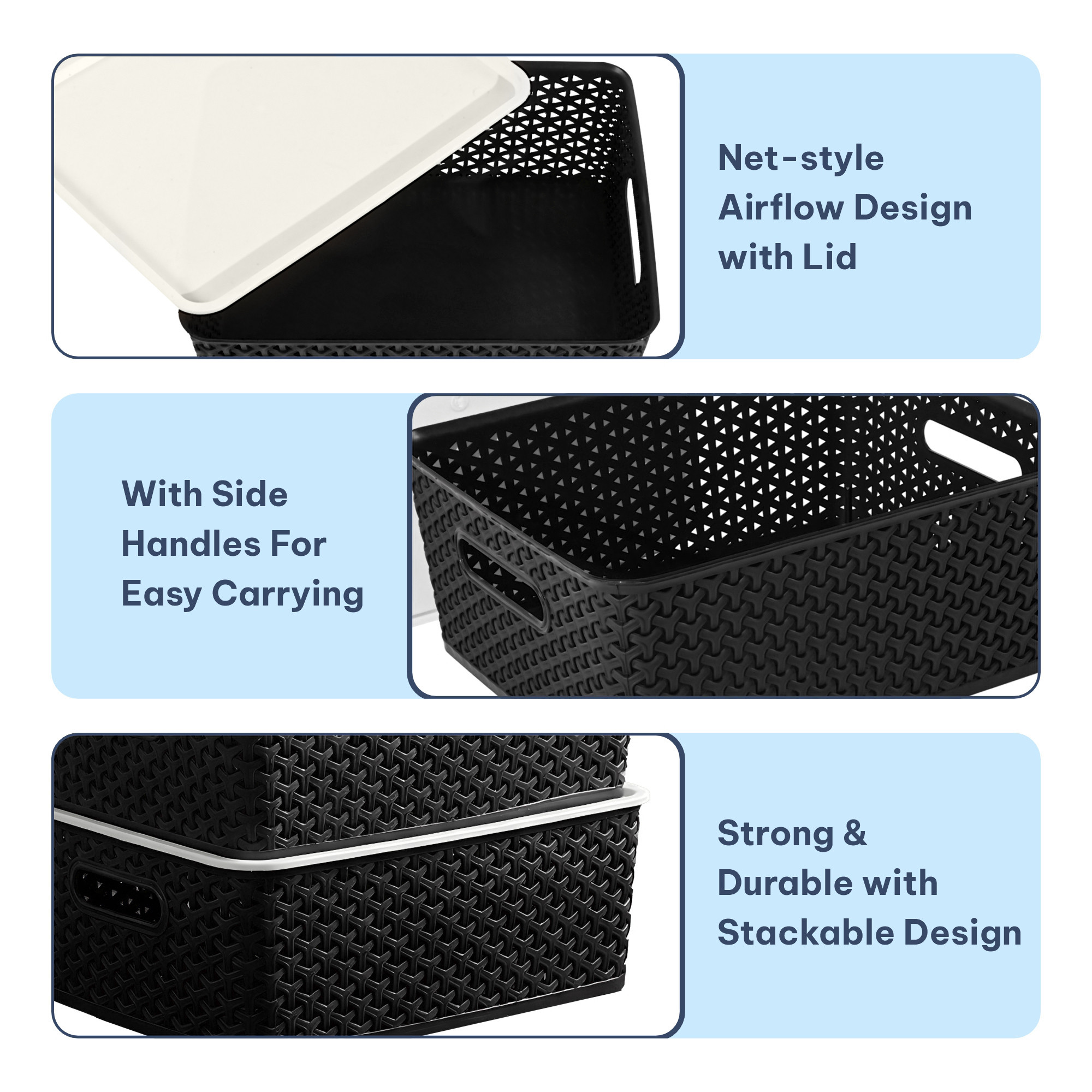 3 Pcs Plastic Small Solitaire Storage Basket with Lid  Handle  Multipurpose Storage Rectangular Box for Kitchen  Bathroom  Black  Ivory