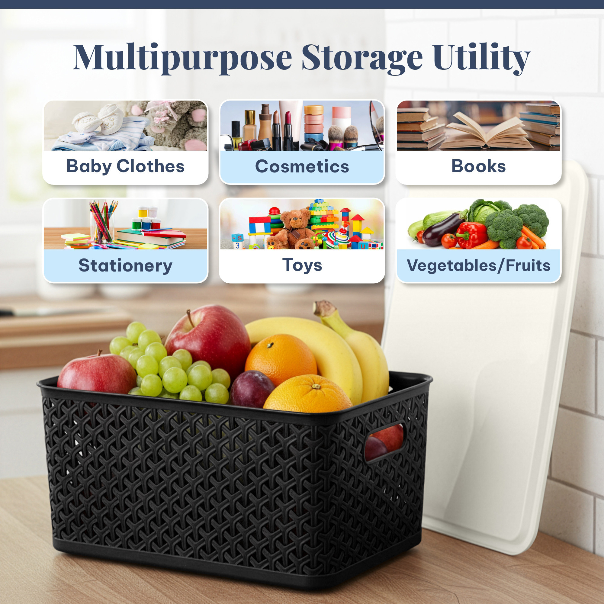 3 Pcs Plastic Small Solitaire Storage Basket with Lid  Handle  Multipurpose Storage Rectangular Box for Kitchen  Bathroom  Black  Ivory