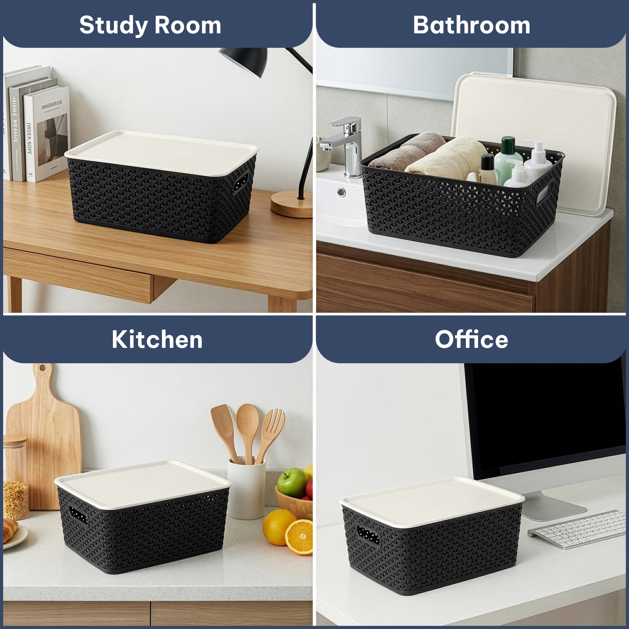 3 Pcs Plastic Small Solitaire Storage Basket with Lid  Handle  Multipurpose Storage Rectangular Box for Kitchen  Bathroom  Black  Ivory