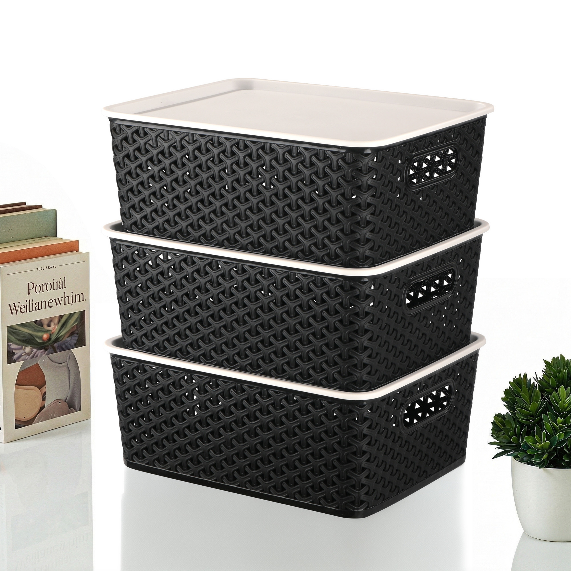 3 Pcs Plastic Small Solitaire Storage Basket with Lid  Handle  Multipurpose Storage Rectangular Box for Kitchen  Bathroom  Black  Ivory