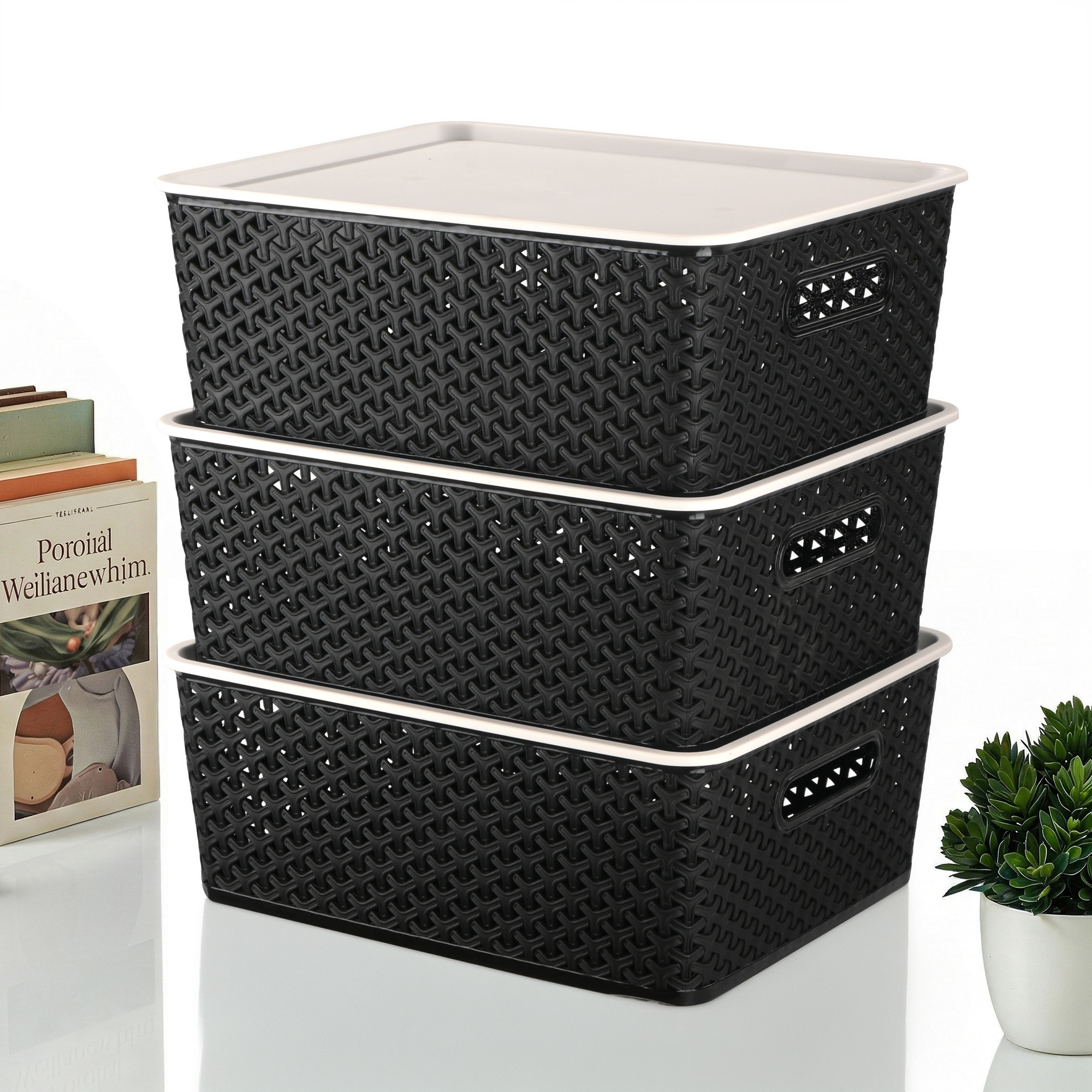 3 Pcs Plastic Small Solitaire Storage Basket with Lid  Handle  Multipurpose Storage Rectangular Box for Kitchen  Bathroom  Black  Ivory