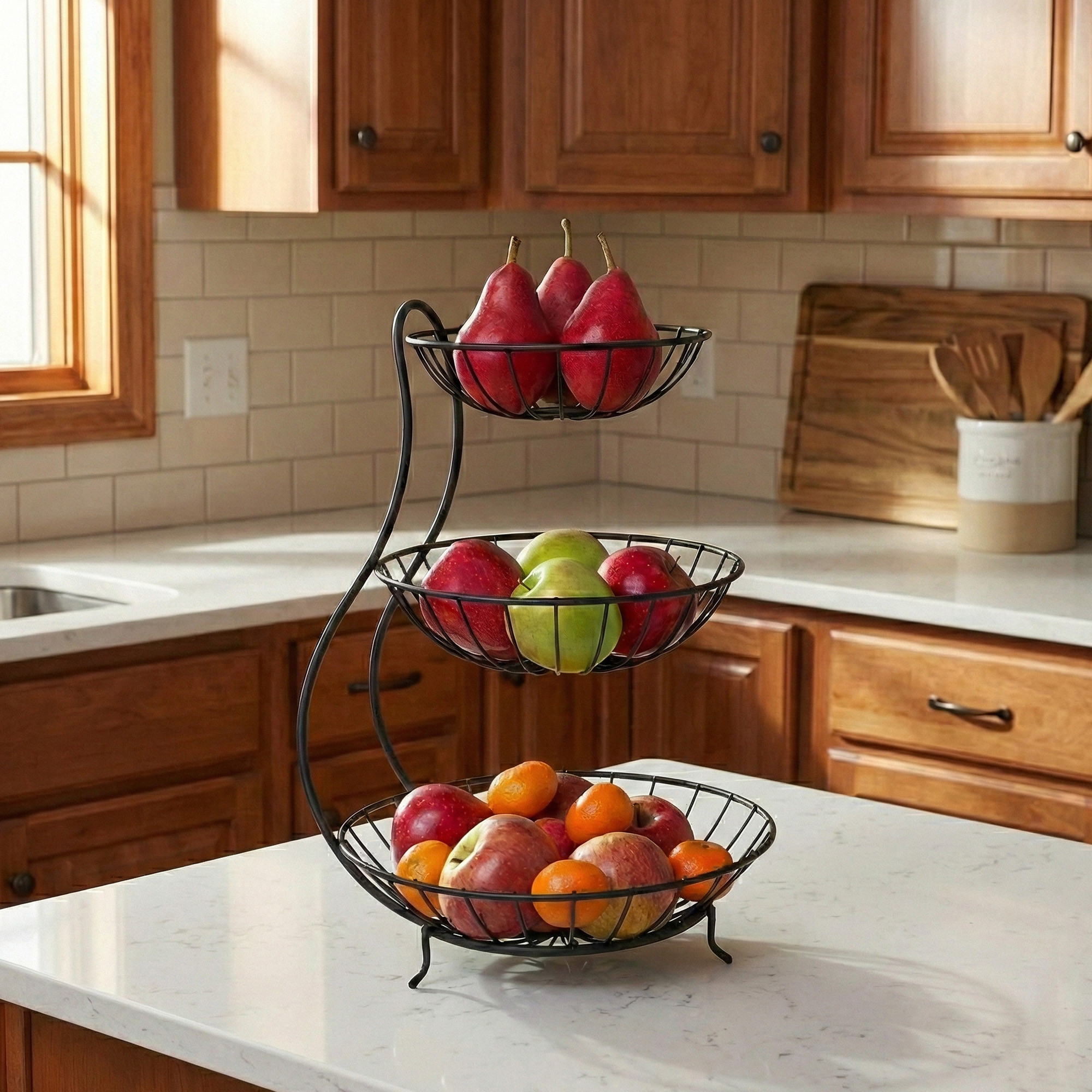 3 Tier Metal Fruits and Vegetable Stand for Kitchen Counter  Countertop Fruit Basket Rack for Dining Table  Pantry Storage  Black