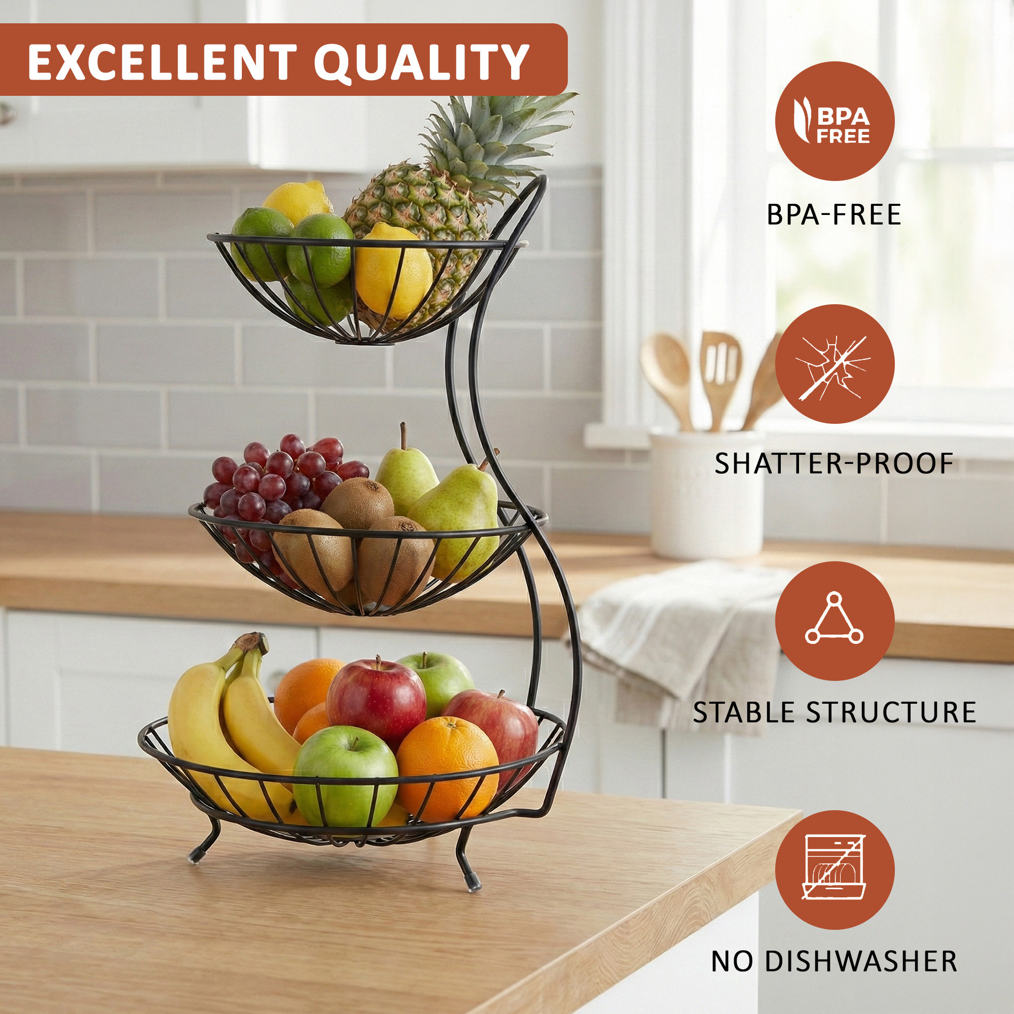 3 Tier Metal Fruits and Vegetable Stand for Kitchen Counter  Countertop Fruit Basket Rack for Dining Table  Pantry Storage  Black