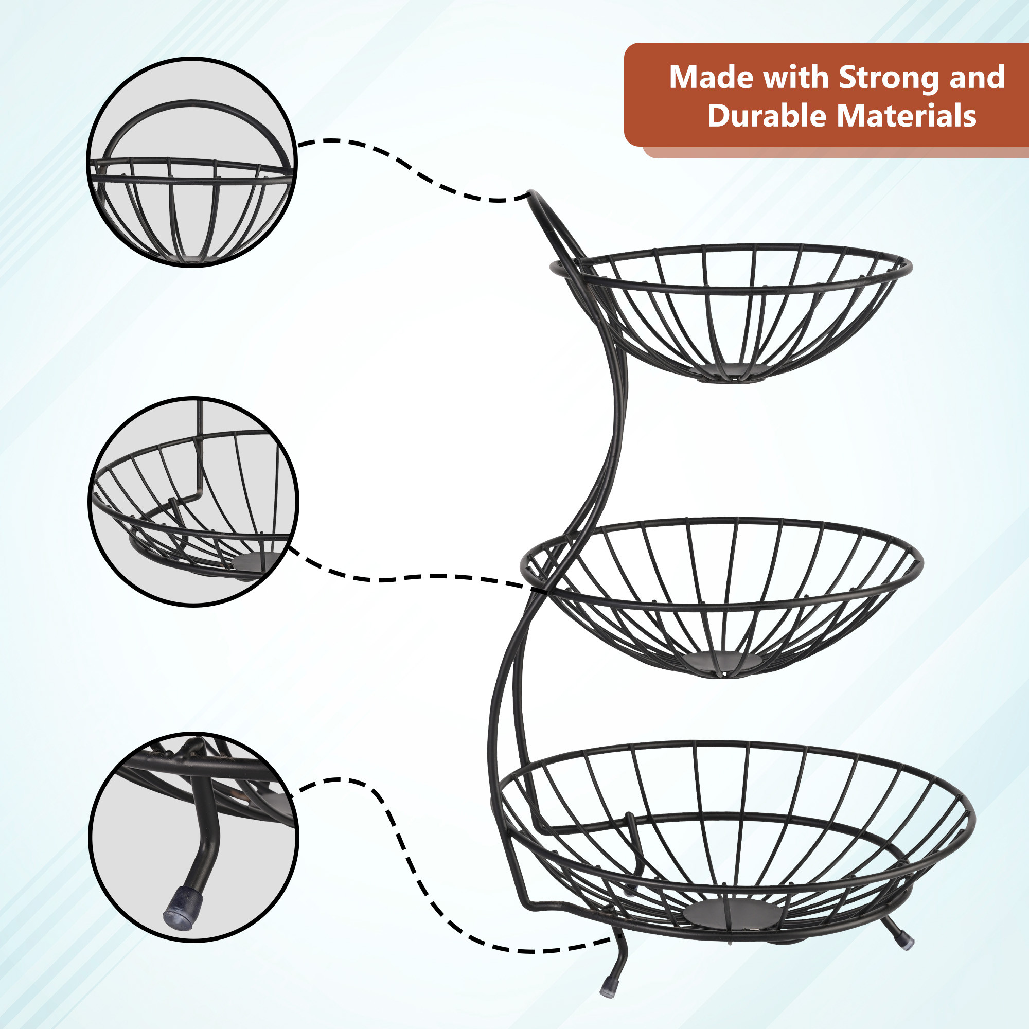 3 Tier Metal Fruits and Vegetable Stand for Kitchen Counter  Countertop Fruit Basket Rack for Dining Table  Pantry Storage  Black