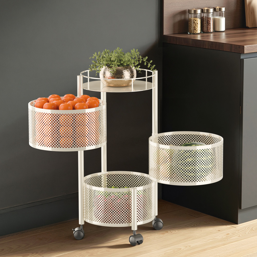 Image of 3 Tier Metal Kitchen Storage Rack with Wheels | Round Multipurpose Metallic Fruits, Vegetable Organizer Trolly for Home | Ivory