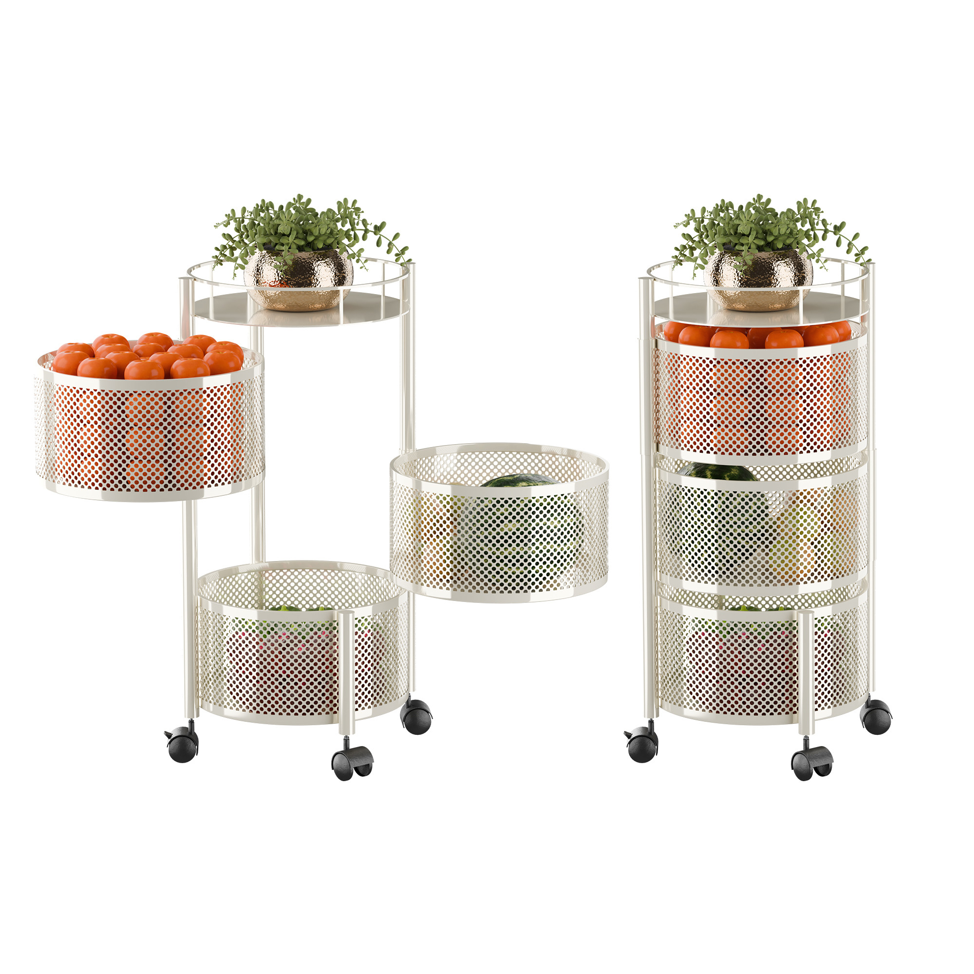 3 Tier Metal Kitchen Storage Rack with Wheels  Round Multipurpose Metallic Fruits Vegetable Organizer Trolly for Home  Ivory